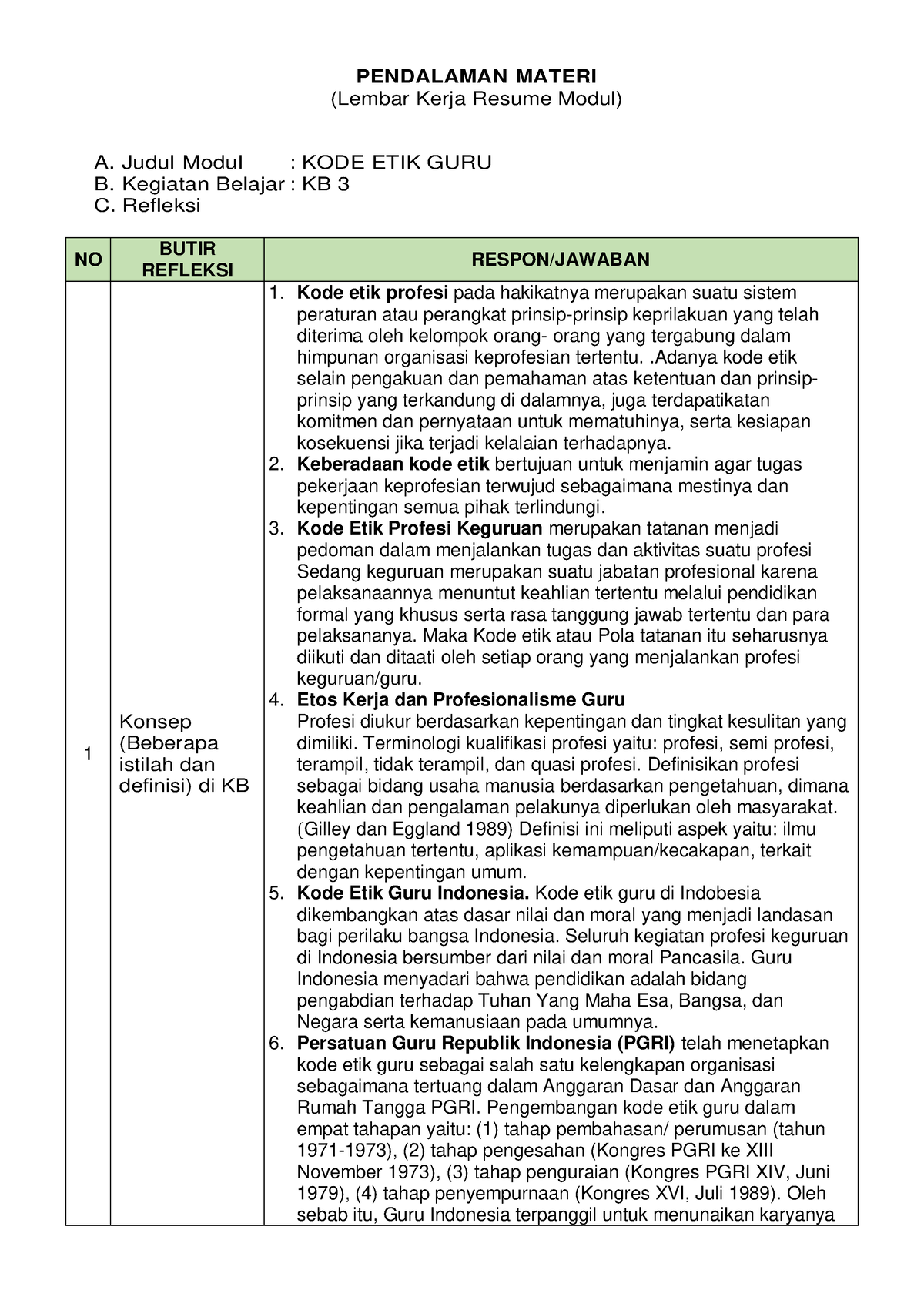 LK- Resume KB 3 ; KODE ETIK GURU - PENDALAMAN MATERI (Lembar Kerja ...