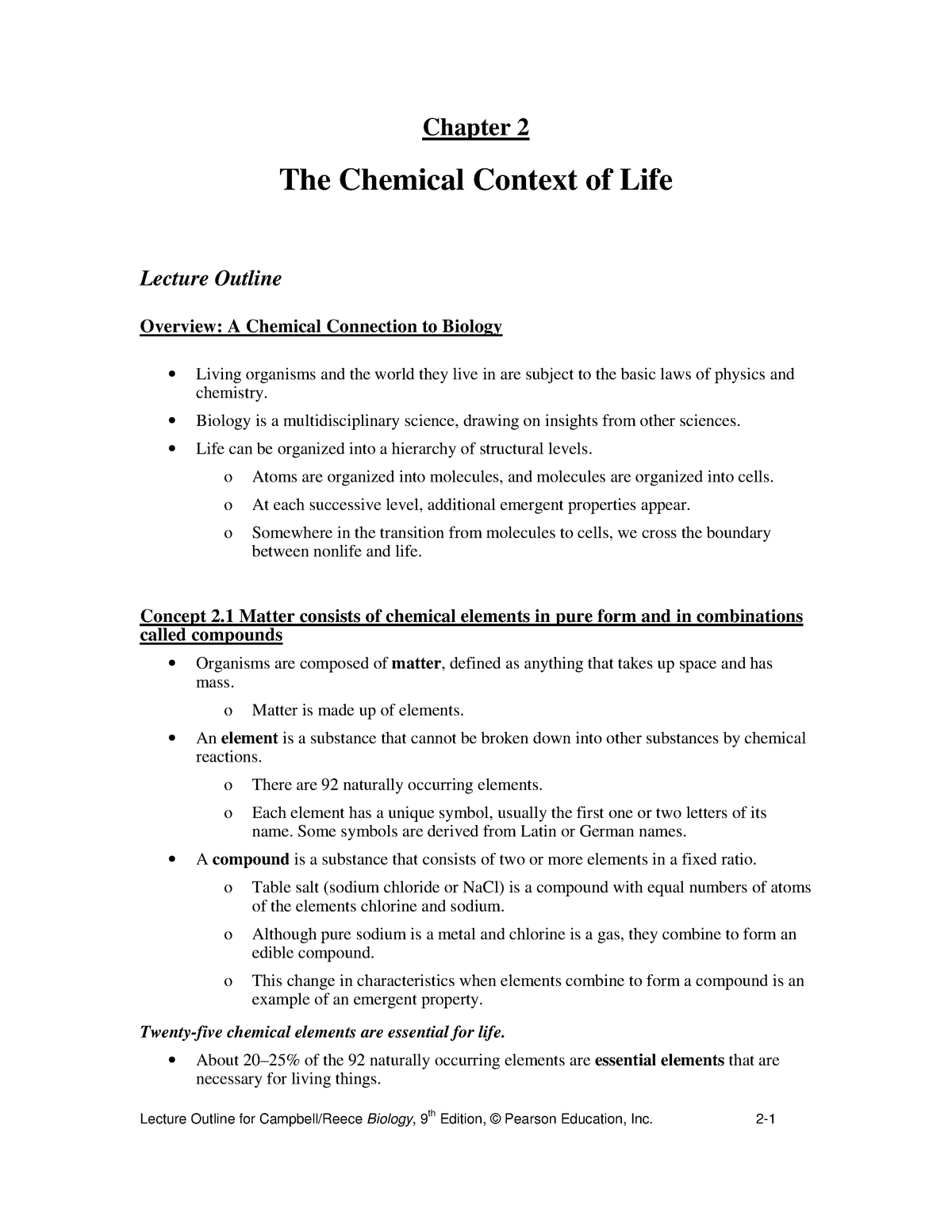 Chapter-2-Outline - Campbell Biology Lecture notes - Chapter 2 The ...