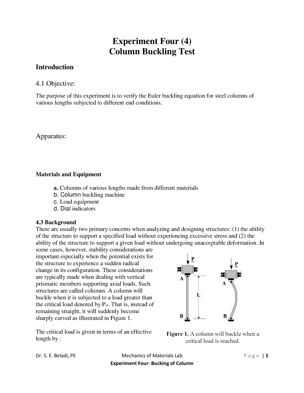 4. LAb Manual For Buckling Of Columns LAb Handout Four - Dr. S. E ...