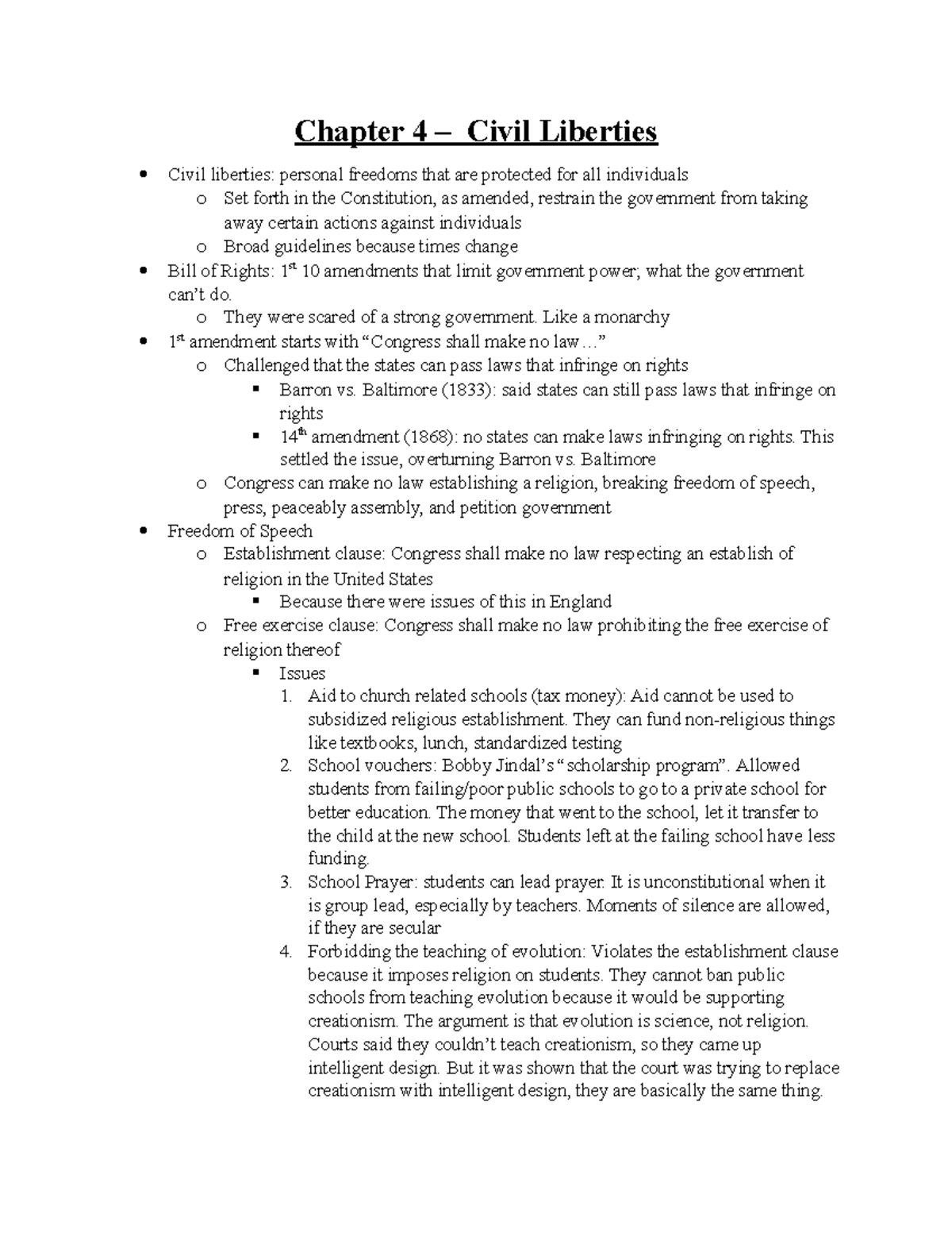 Chapter 4 - Lecture Notes 9 - Chapter 4 – Civil Liberties Civil ...