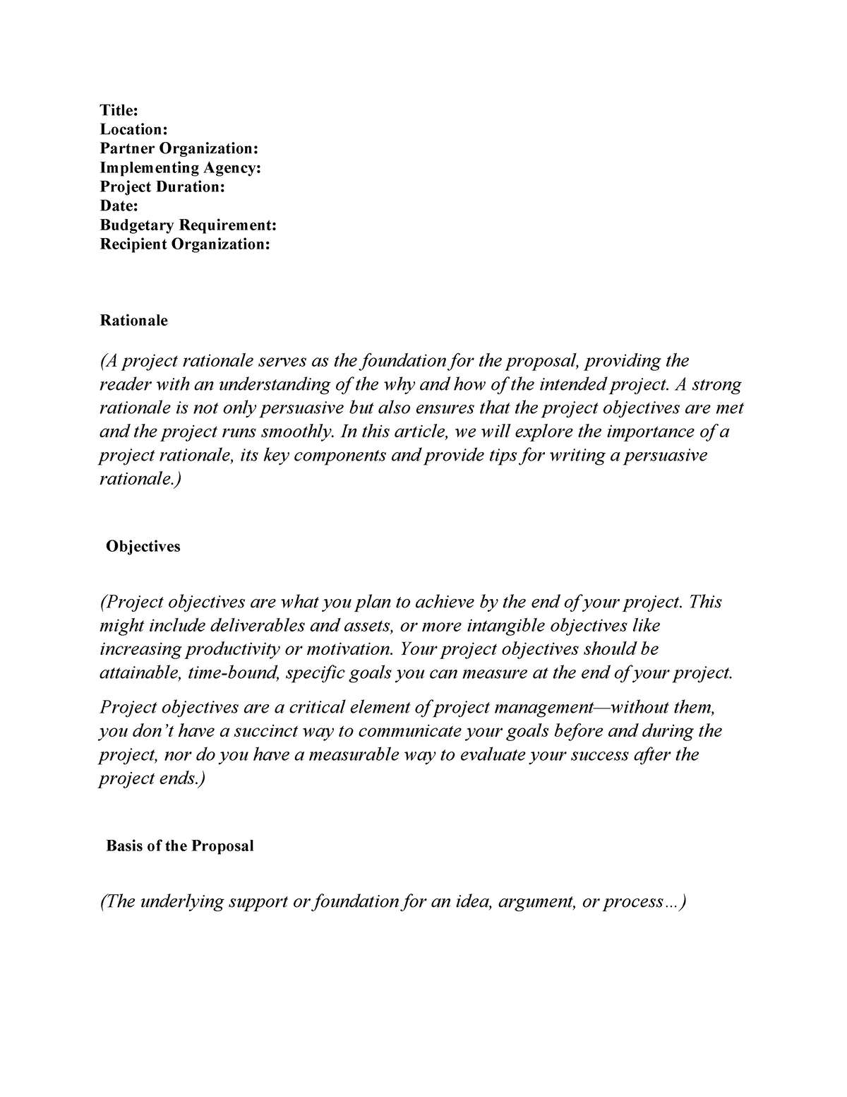 Proposal Format - Title: Location: Partner Organization: Implementing ...