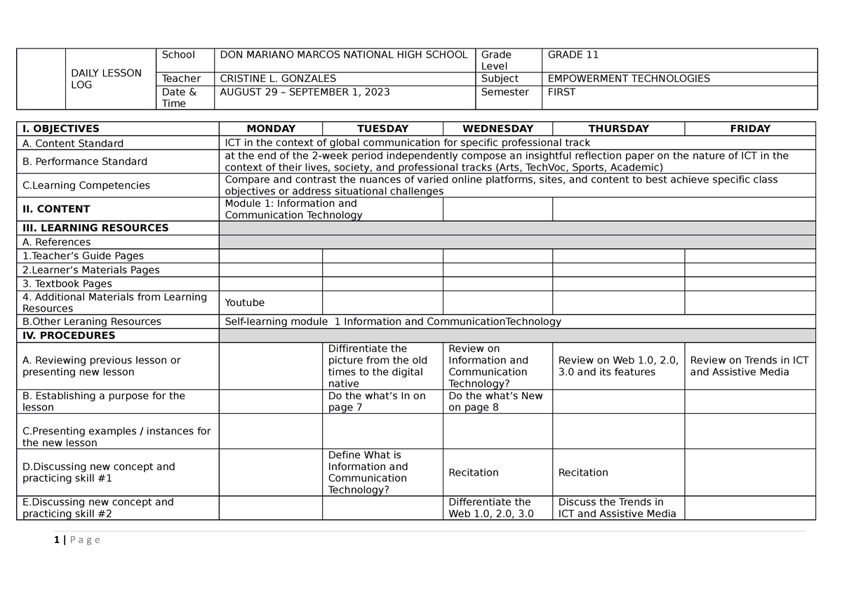 WEEK1 - Empowerment Technologies DLL - DAILY LESSON LOG School DON ...