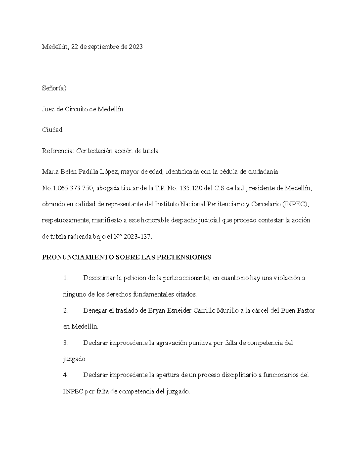 Contestación de tutela - Medellín, 22 de septiembre de 2023 Señor(a ...