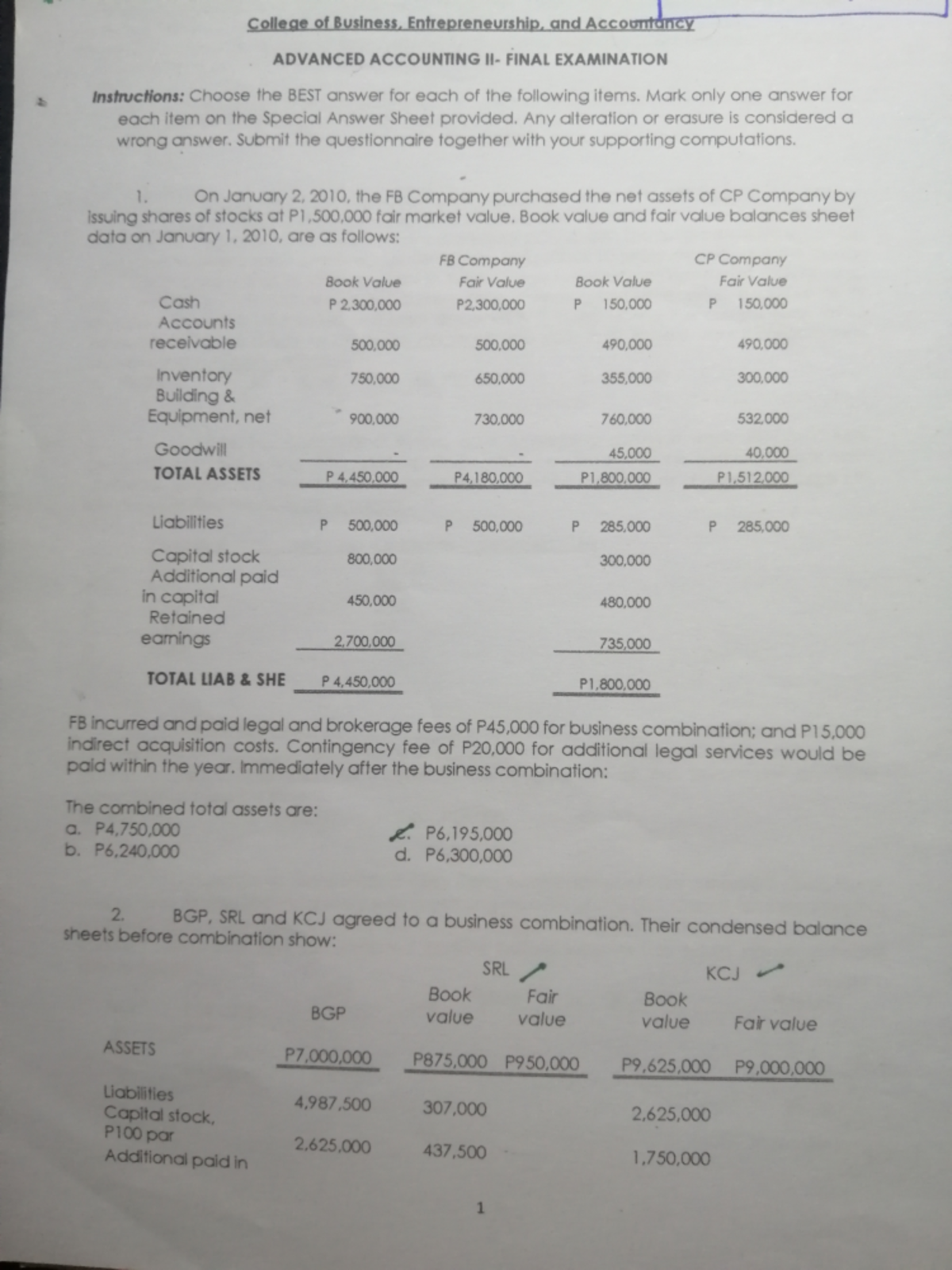 Advance 2Review Materials for Advance Accounting - College of Business ...