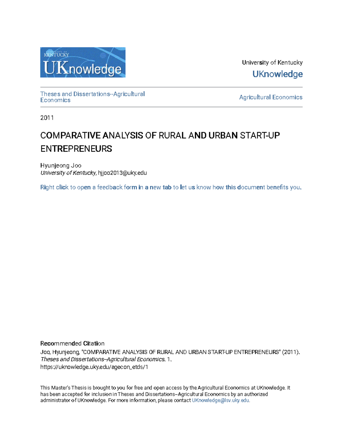 Comparative Analysis OF Rural AND Urban Start-UP Entrepreneurs ...