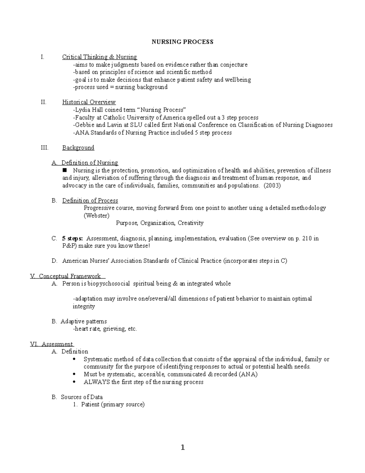 Nursing process handout - NURSING PROCESS I. Critical Thinking ...