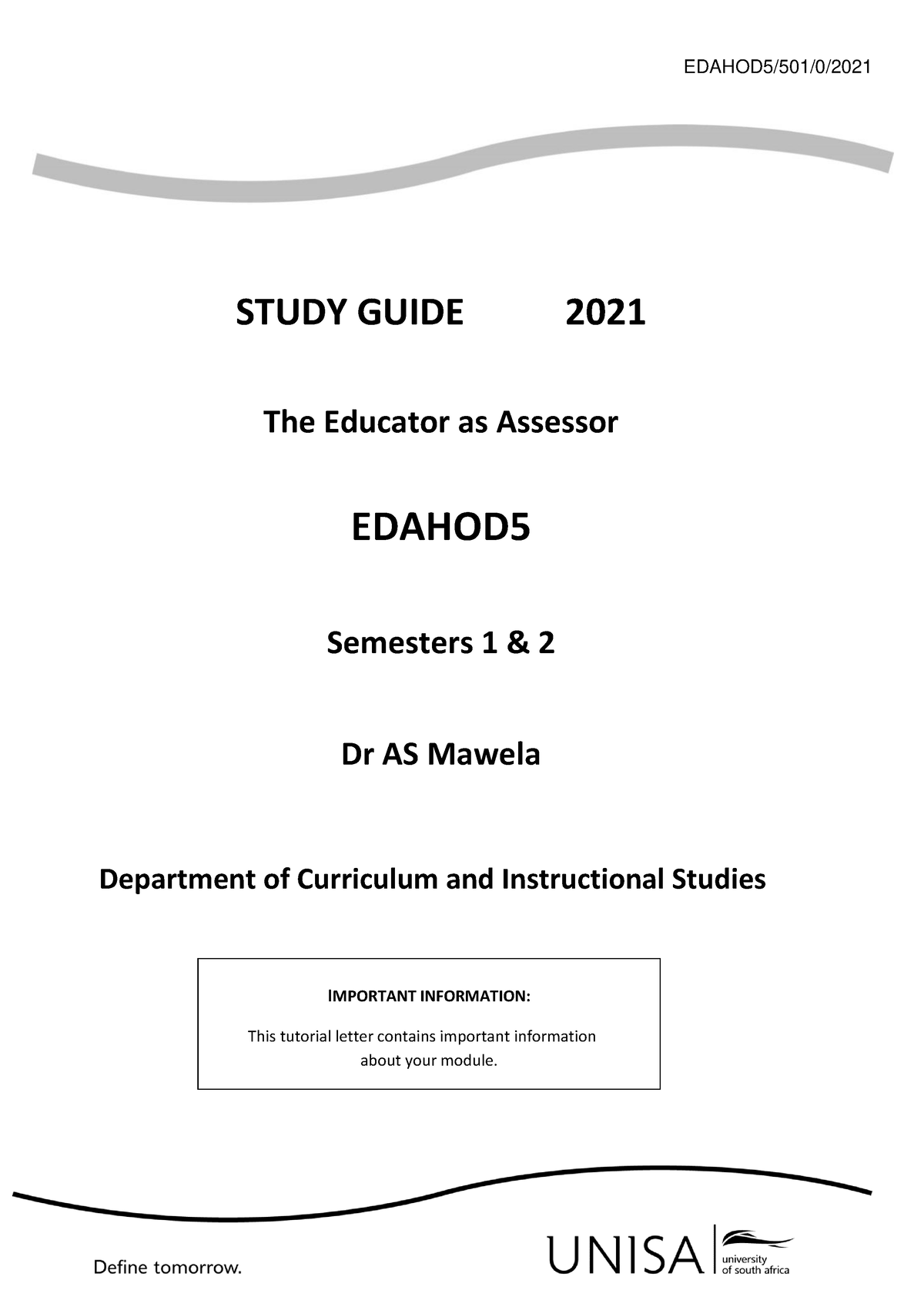 001 2021 4 B - Lecture Notes - EDAHOD5/501/0/ STUDY GUIDE 2021 The ...