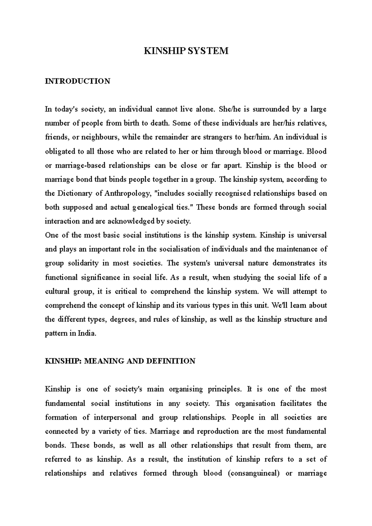 Kinship System - Lecture Notes 11 - KINSHIP SYSTEM INTRODUCTION In ...