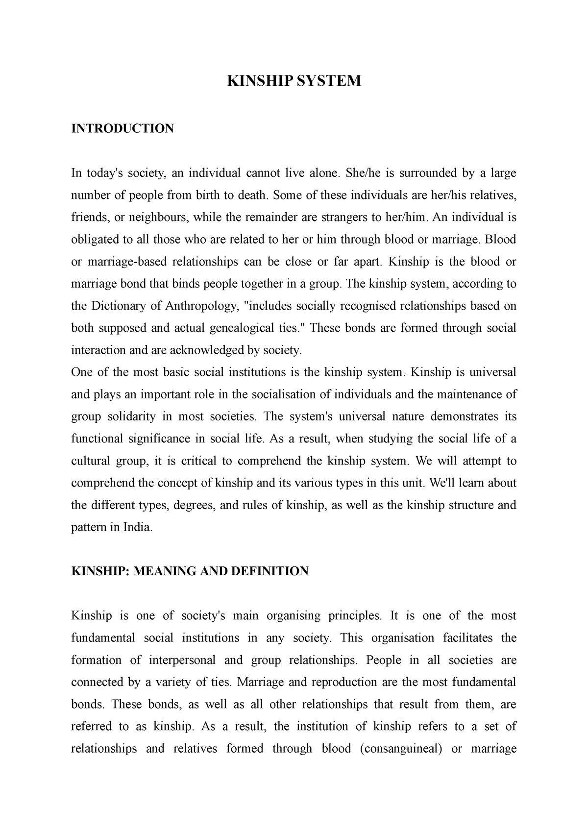 Kinship System Lecture Notes 11 KINSHIP SYSTEM INTRODUCTION In 