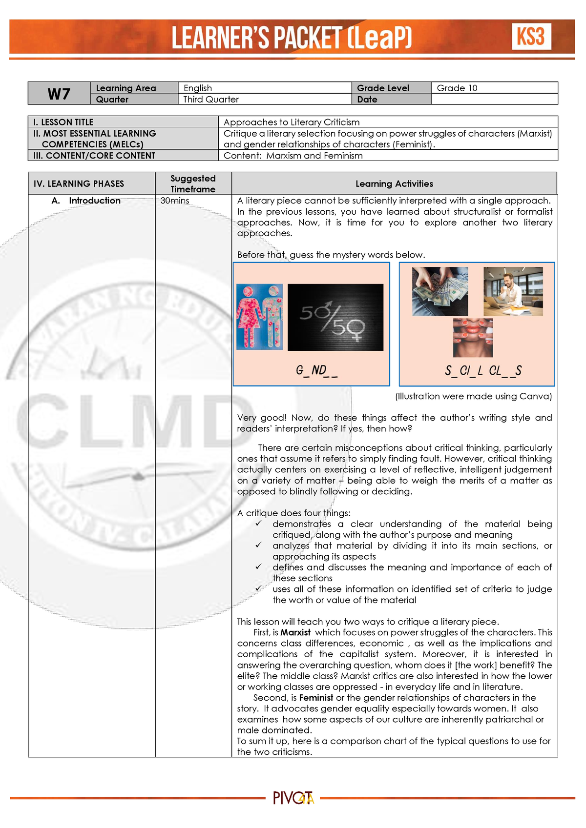 English 10 Q3 Week 7 - W Learning Area English Grade Level Grade 10 ...