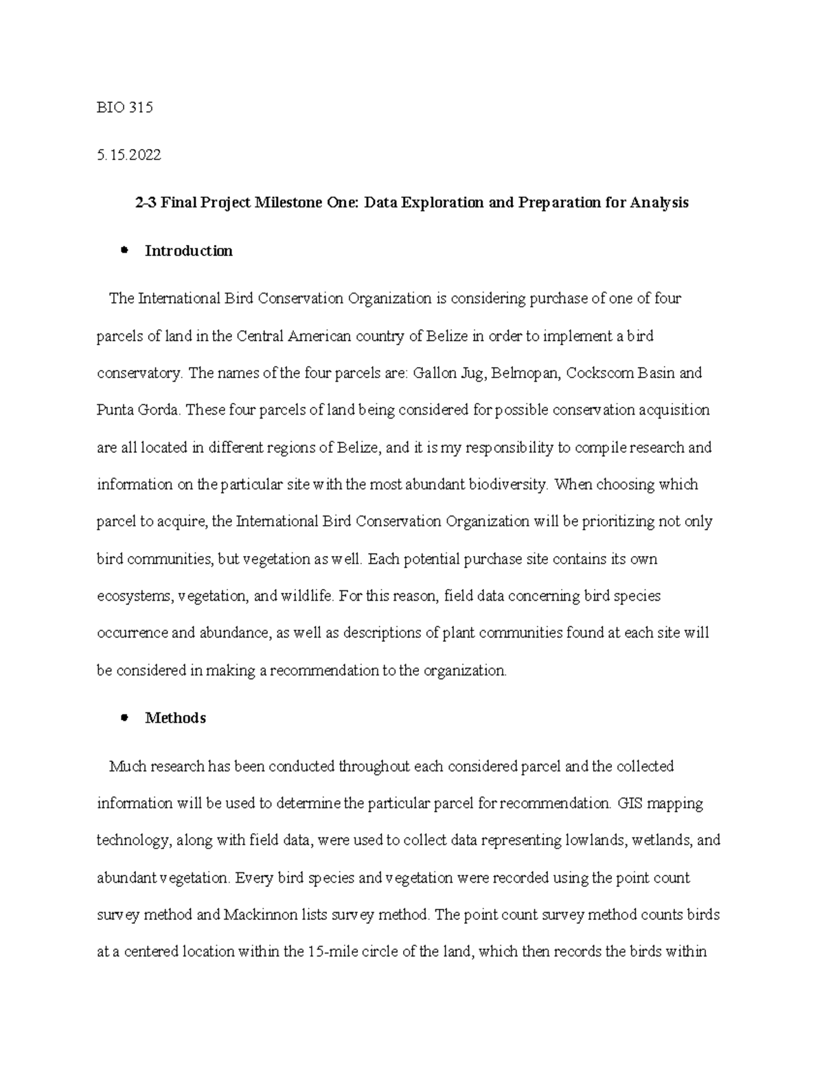 BIO 315- Milestone One - BIO 315 5. 2-3 Final Project Milestone One ...