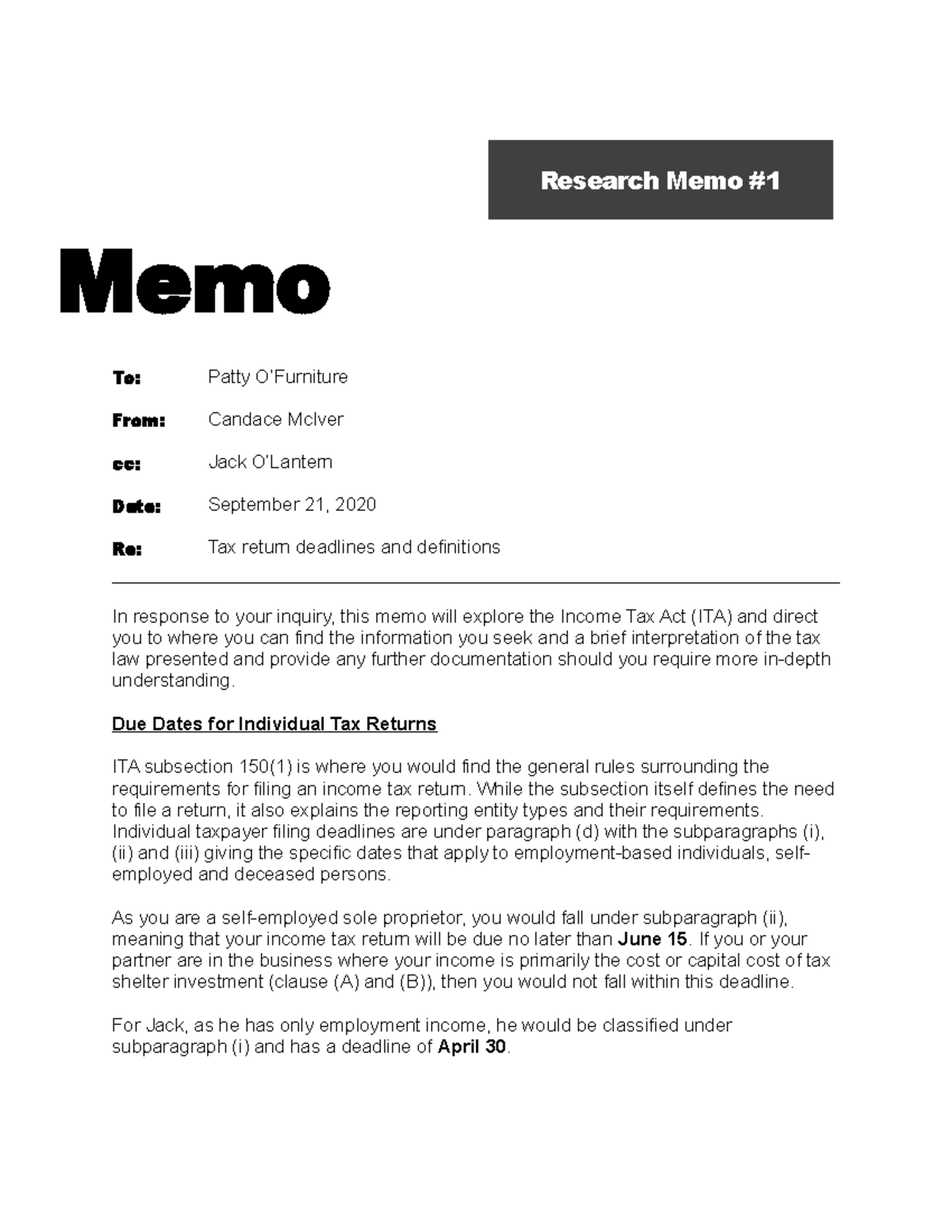 R.MEMO #1 - Research Memo #1 - Research Memo Memo To: Patty O’Furniture ...