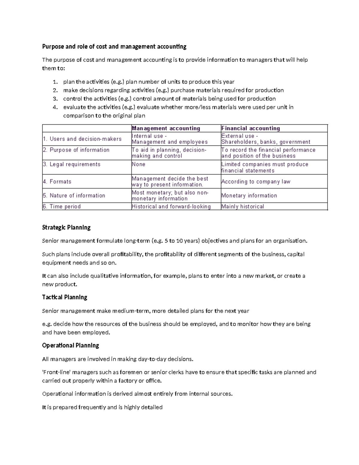 MGT accounting theory - Purpose and role of cost and management ...