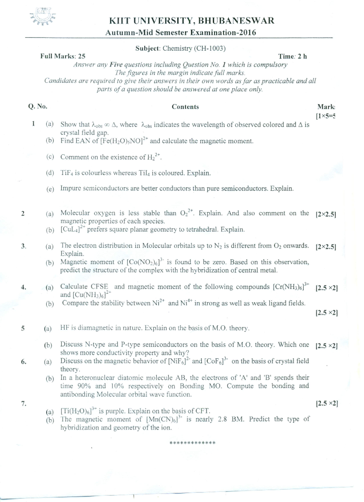 Chemistry - CH 1003 - Mid Semester 2016 - Studocu
