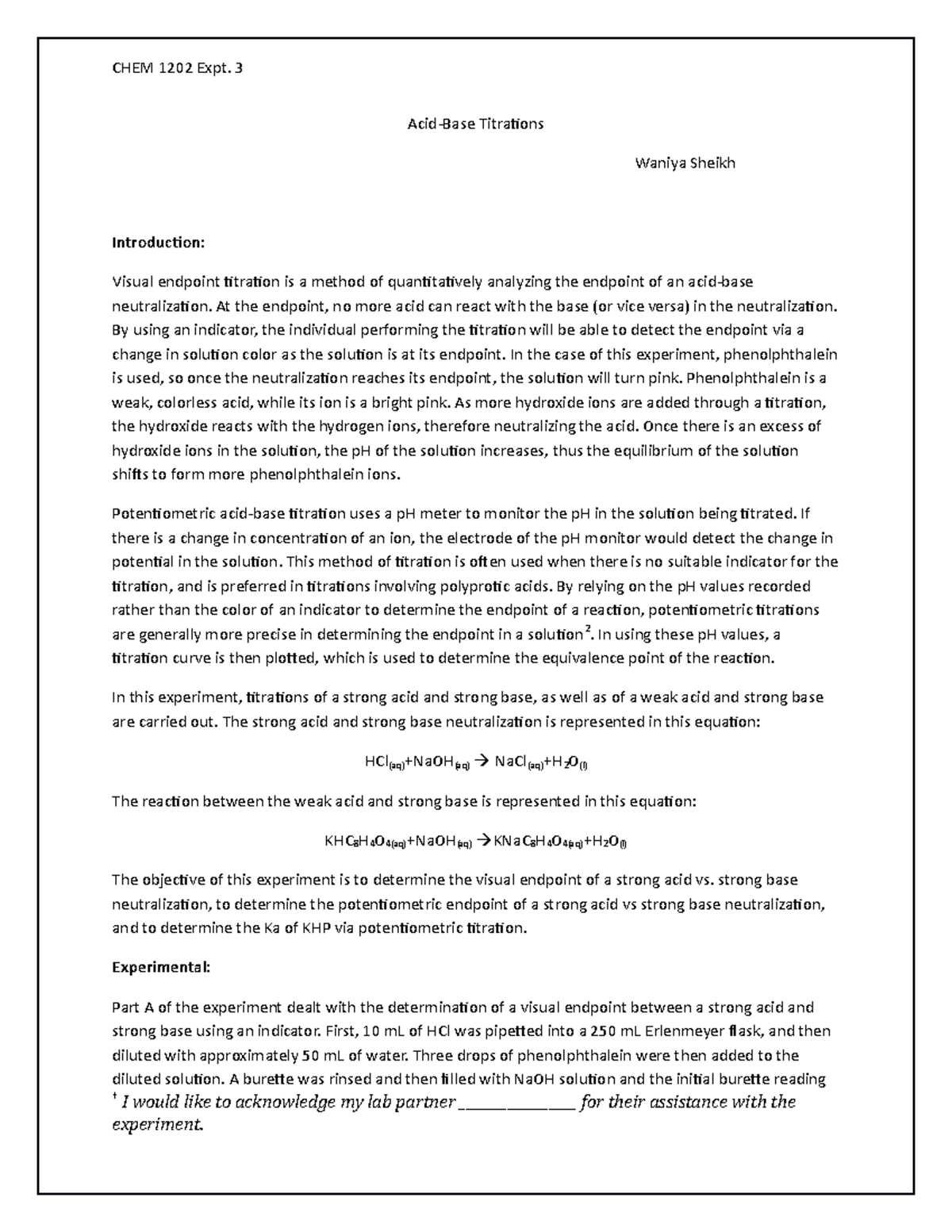 experiment 2 acid base titration matriculation lab report