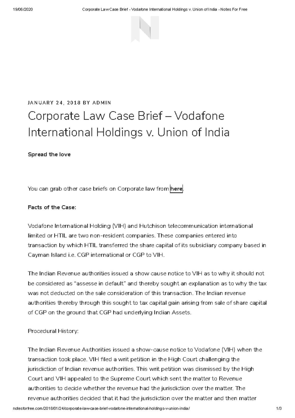 7 Corporate Law Case Brief Vodafone International Holdings v. Union