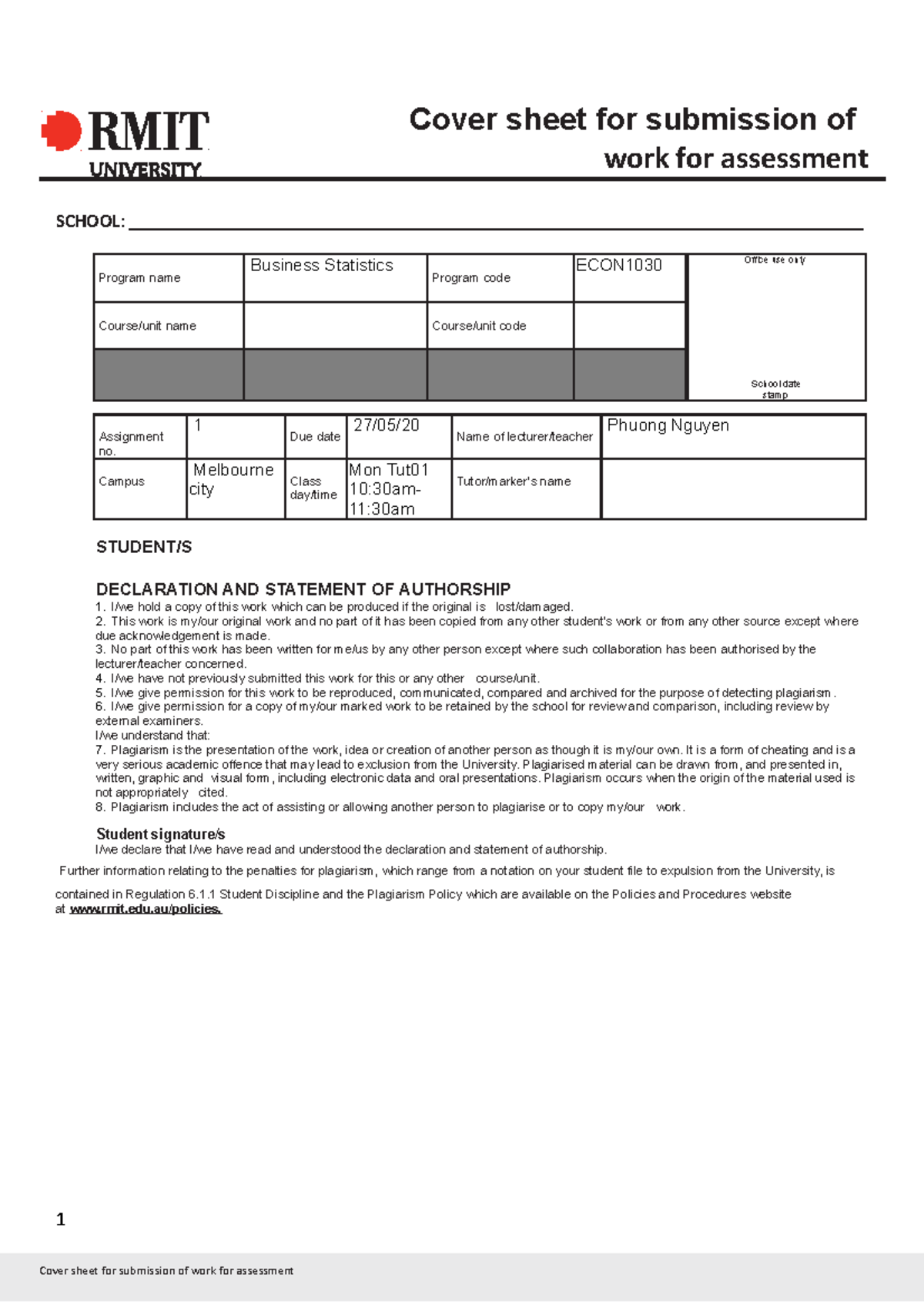 Group Assignment PART A - Cover sheet for submission of work for ...