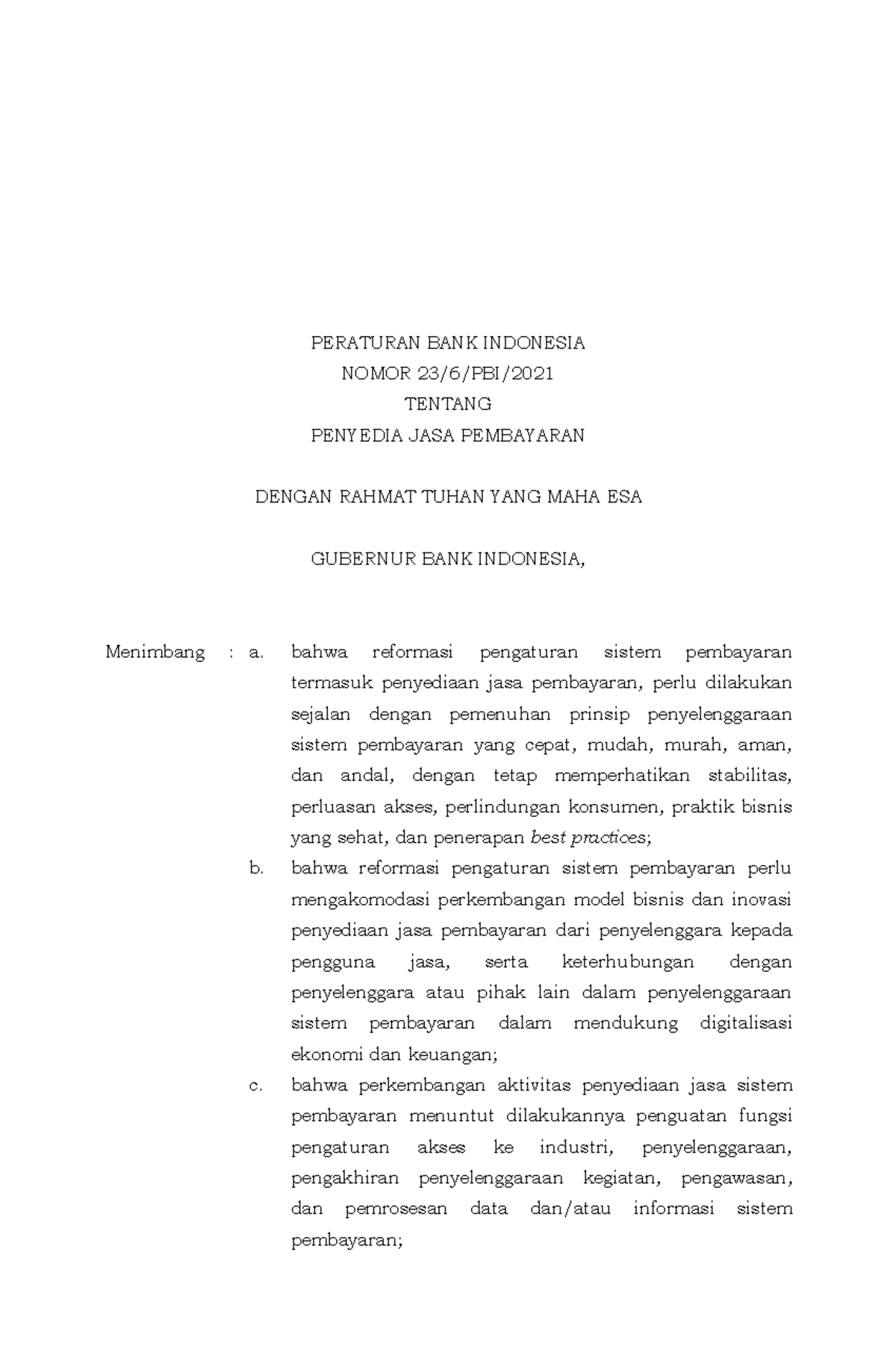 PBI 230621 - Tugas - PERATURAN BANK INDONESIA NOMOR 23/6/PBI/ TENTANG ...