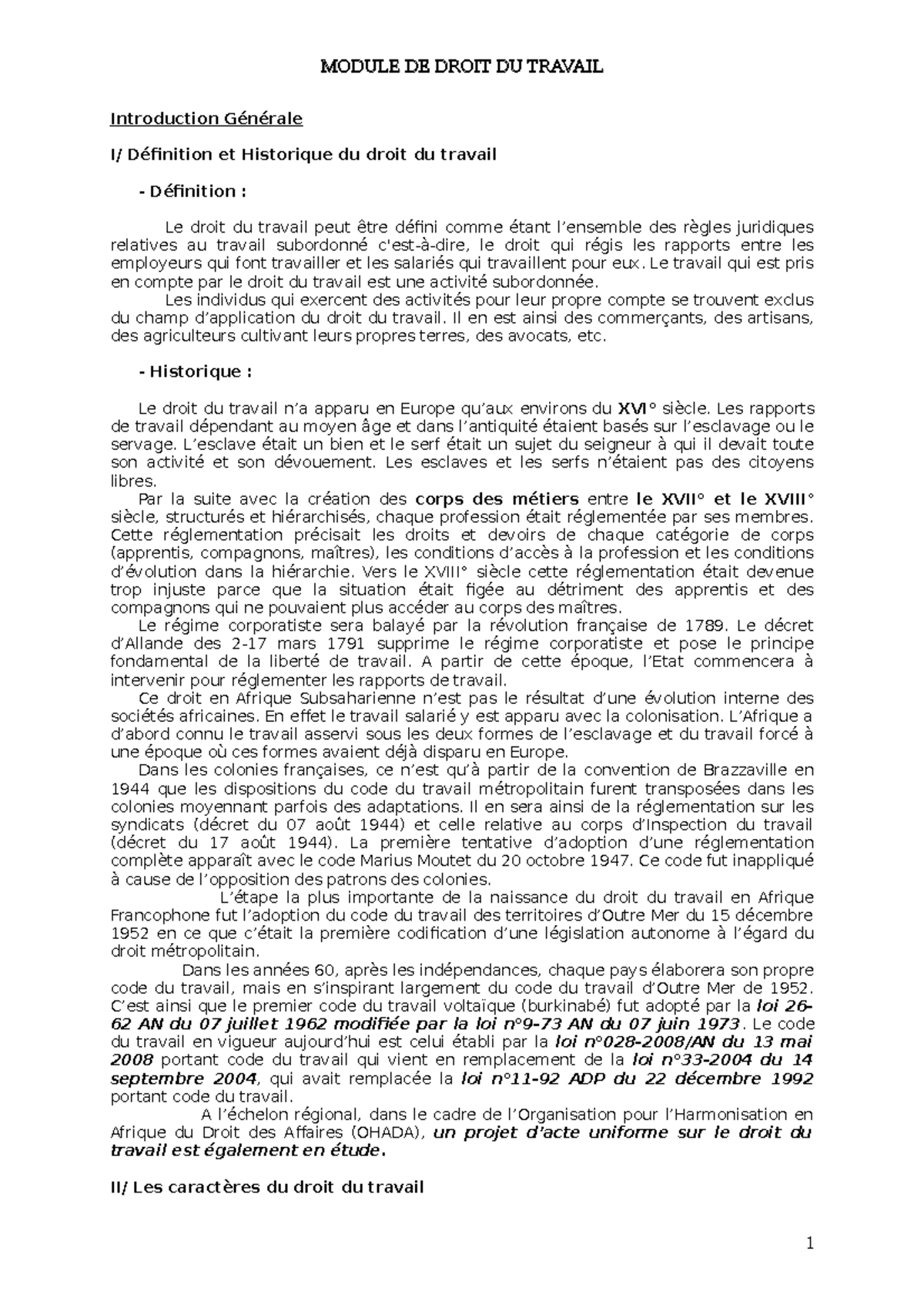 Cours Droit Du Travail - MODULE DE DROIT DU TRAVAIL Introduction ...