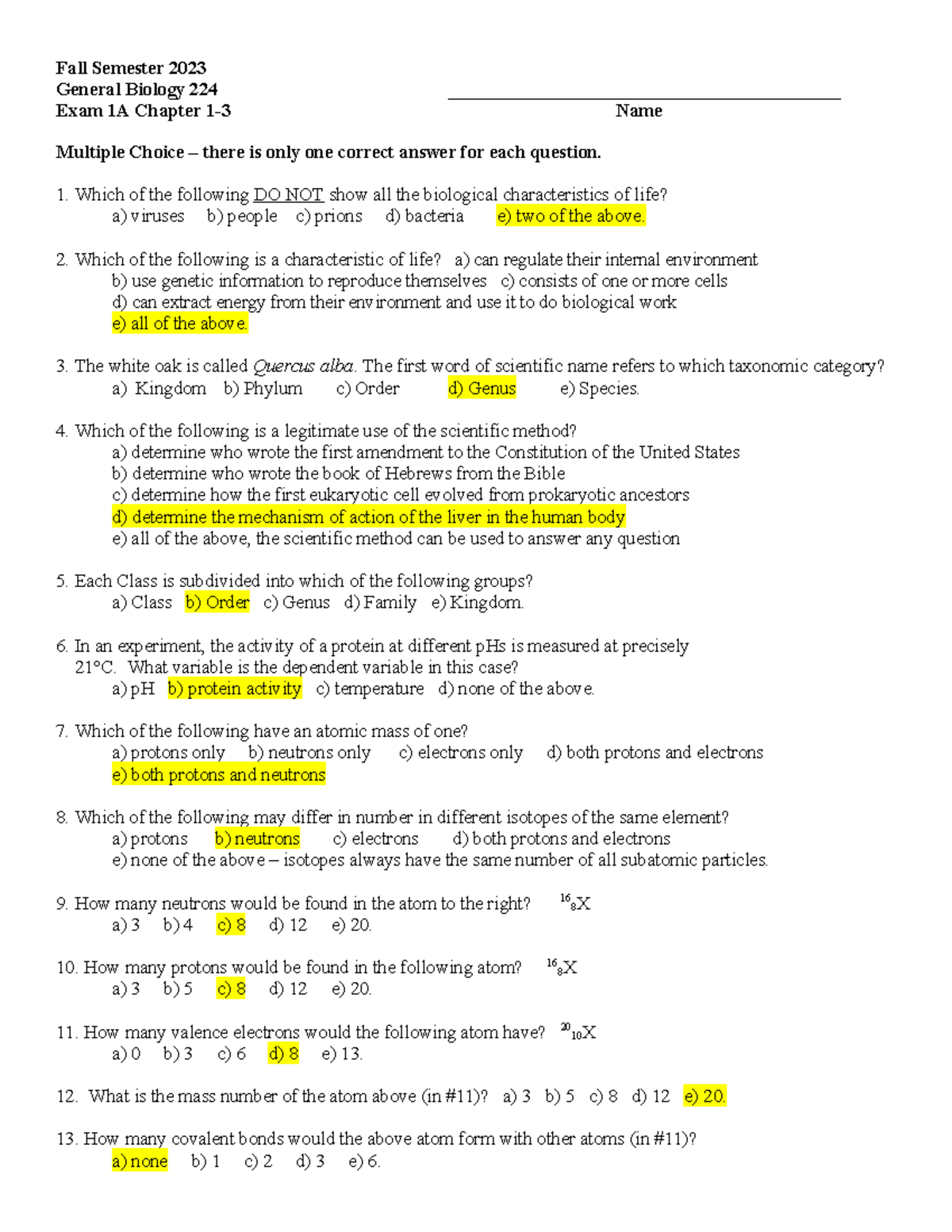 KEY+Exam+1A+BIOL+224+Fall+2023 - Fall Semester 2023 General Biology 224 ...