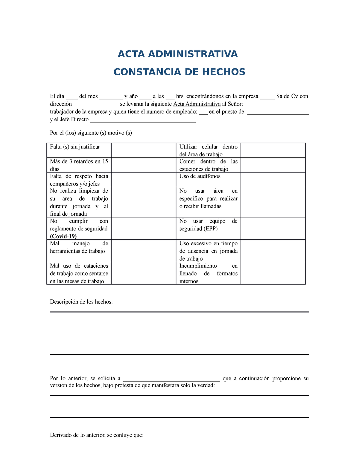 Formato Acta Administrativa Constancia de Hechos - ACTA ADMINISTRATIVA  CONSTANCIA DE HECHOS El día - Studocu