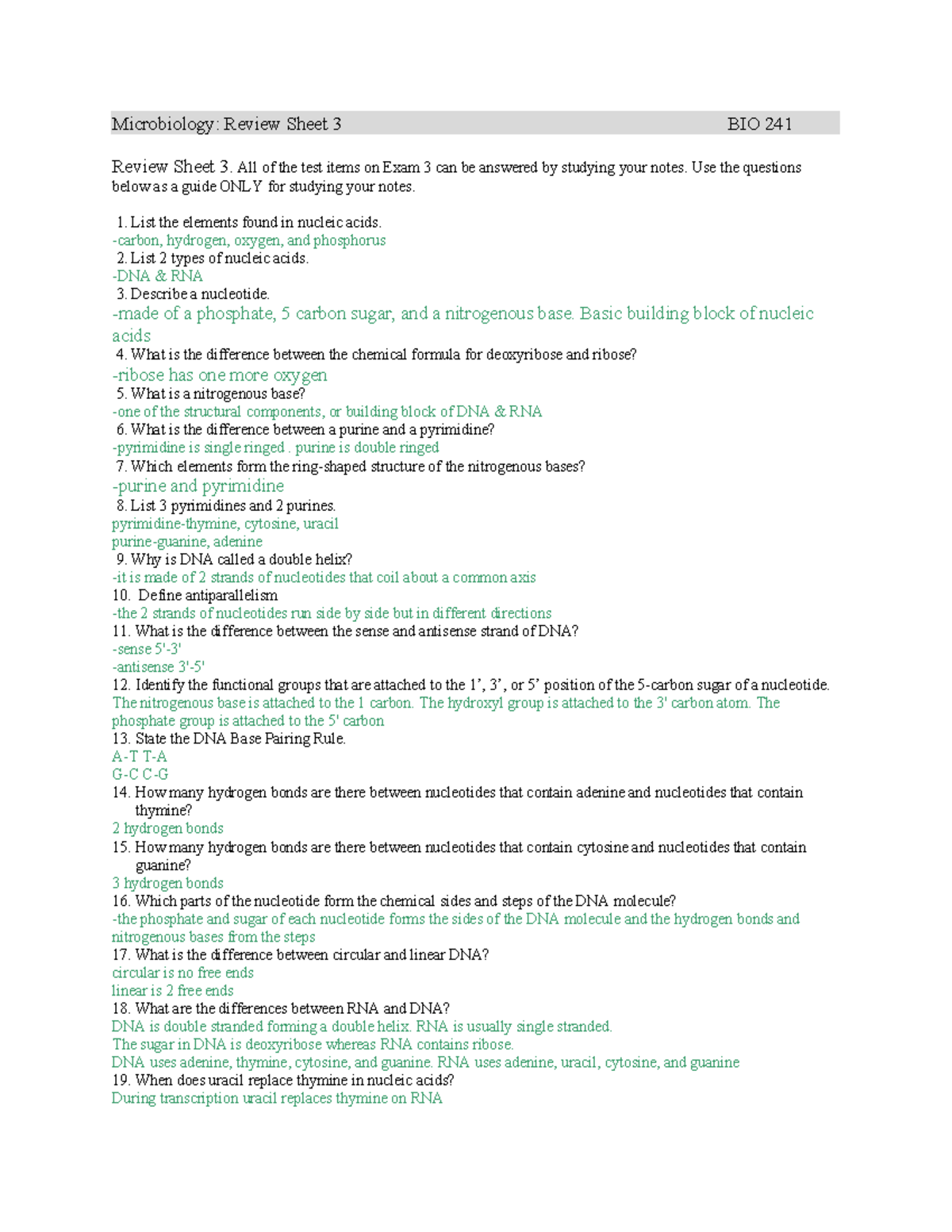 Review Sheet 3 - Microbiology - Microbiology: Review Sheet 3 BIO 241 ...