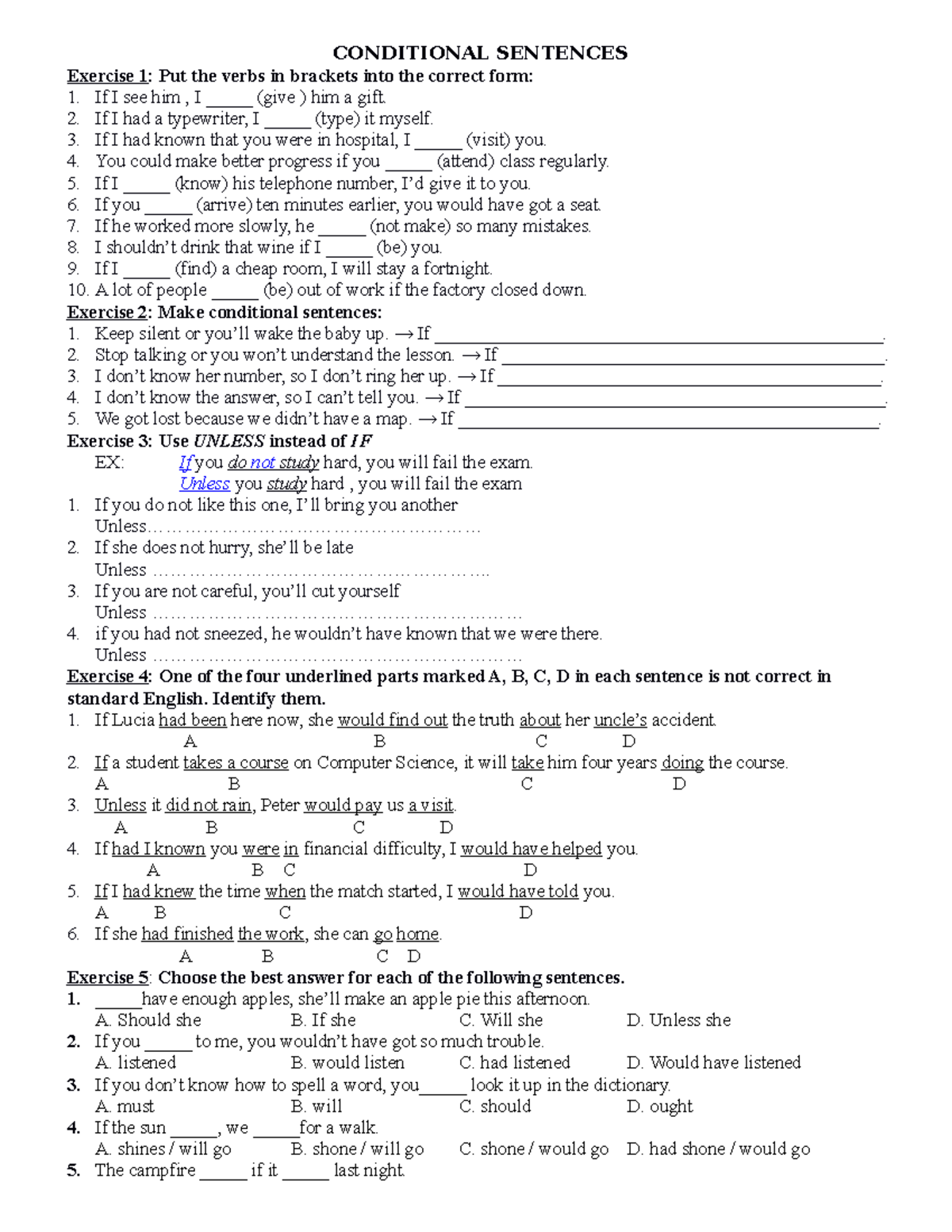 Conditional Sentences - CONDITIONAL SENTENCES Exercise 1: Put the verbs ...