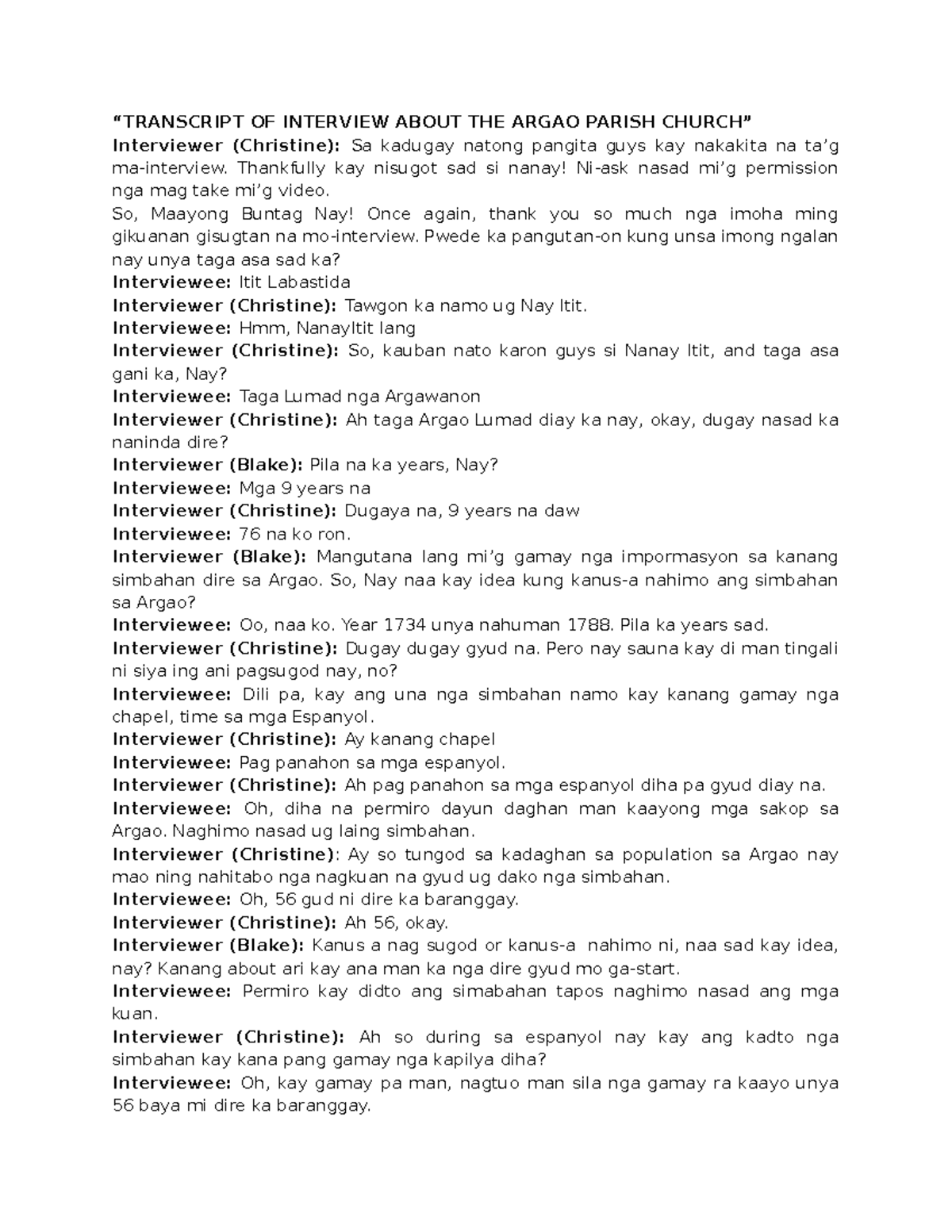 Argao Church Transcript of Interview - “TRANSCRIPT OF INTERVIEW ABOUT ...