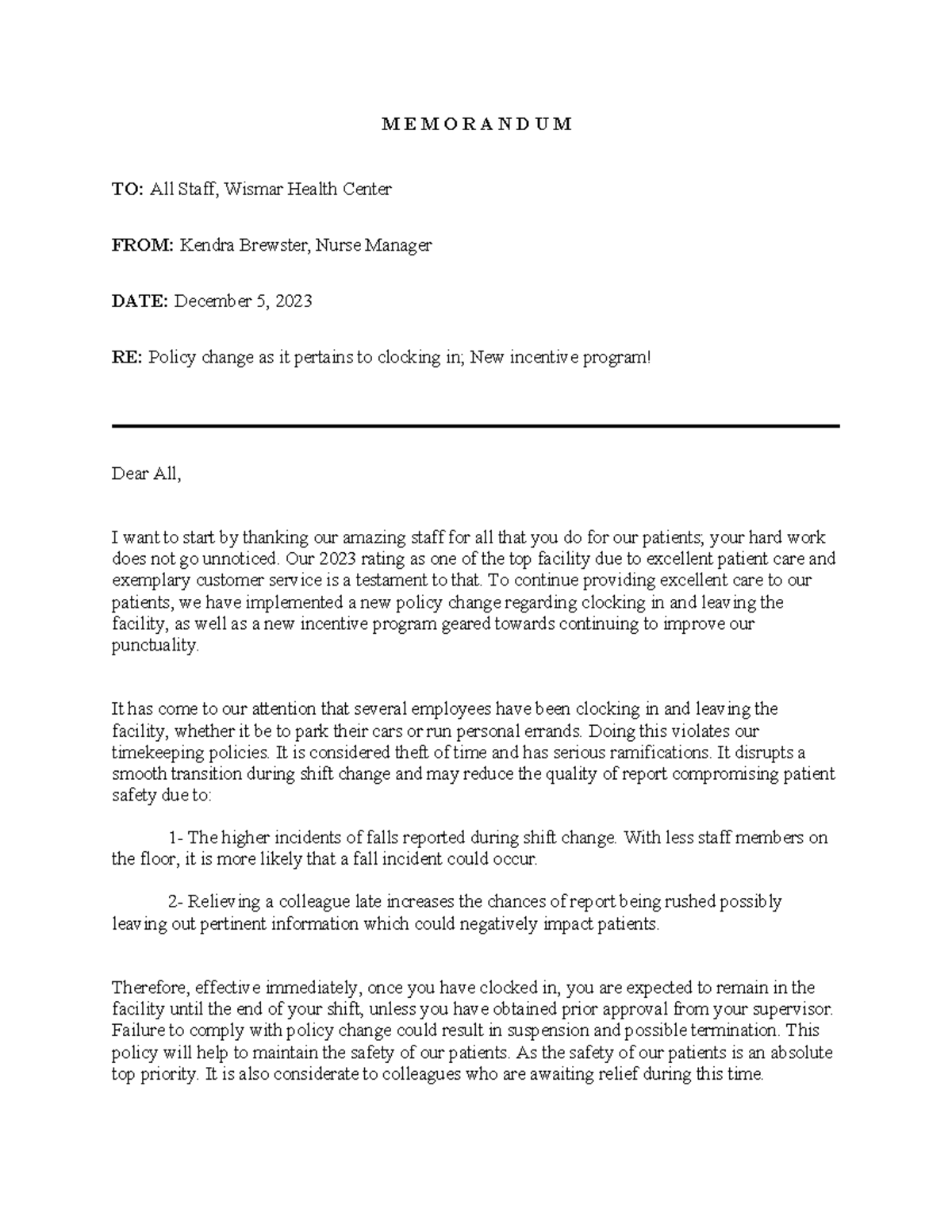 Memorandum assig - M E M O R A N D U M TO: All Staff, Wismar Health ...