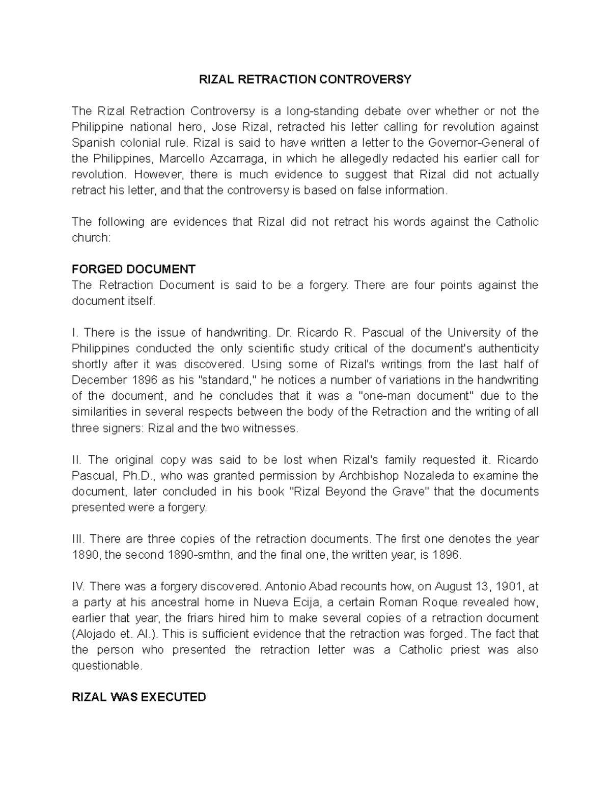 Rizal Retraction - Rizal is said to have written a letter to the ...