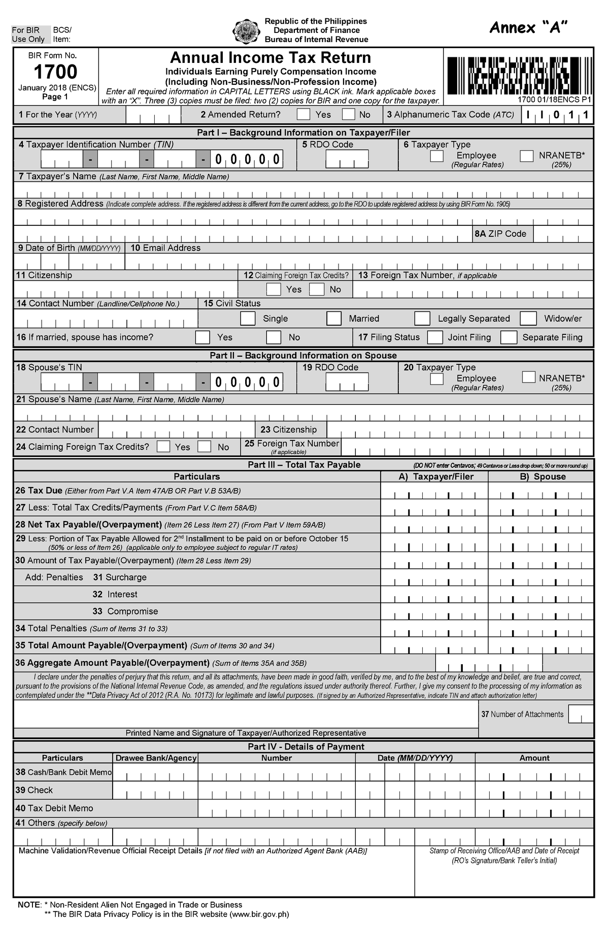 Annex A - 1700 Jan 2018 ENCS - Annex “A” BIR Form No**.** 1700 January ...