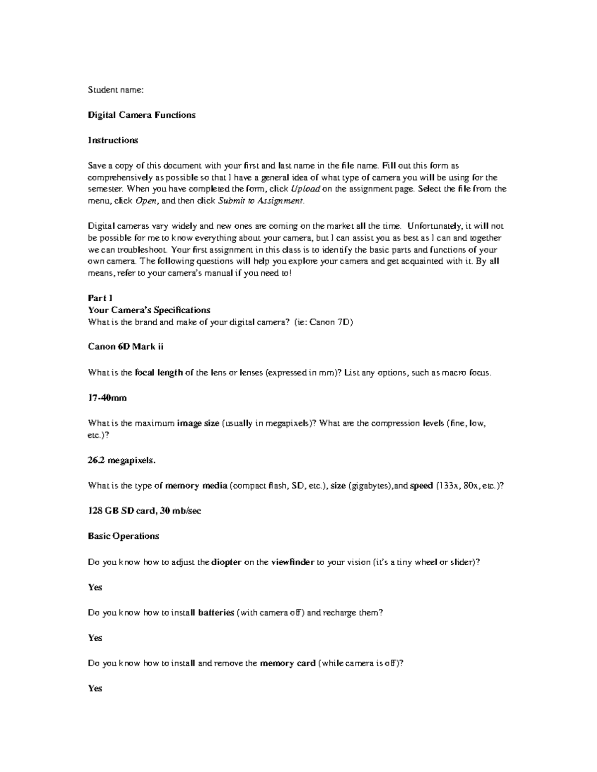 Camera Worksheet Student name Digital Camera Functions Instructions Save a copy of this