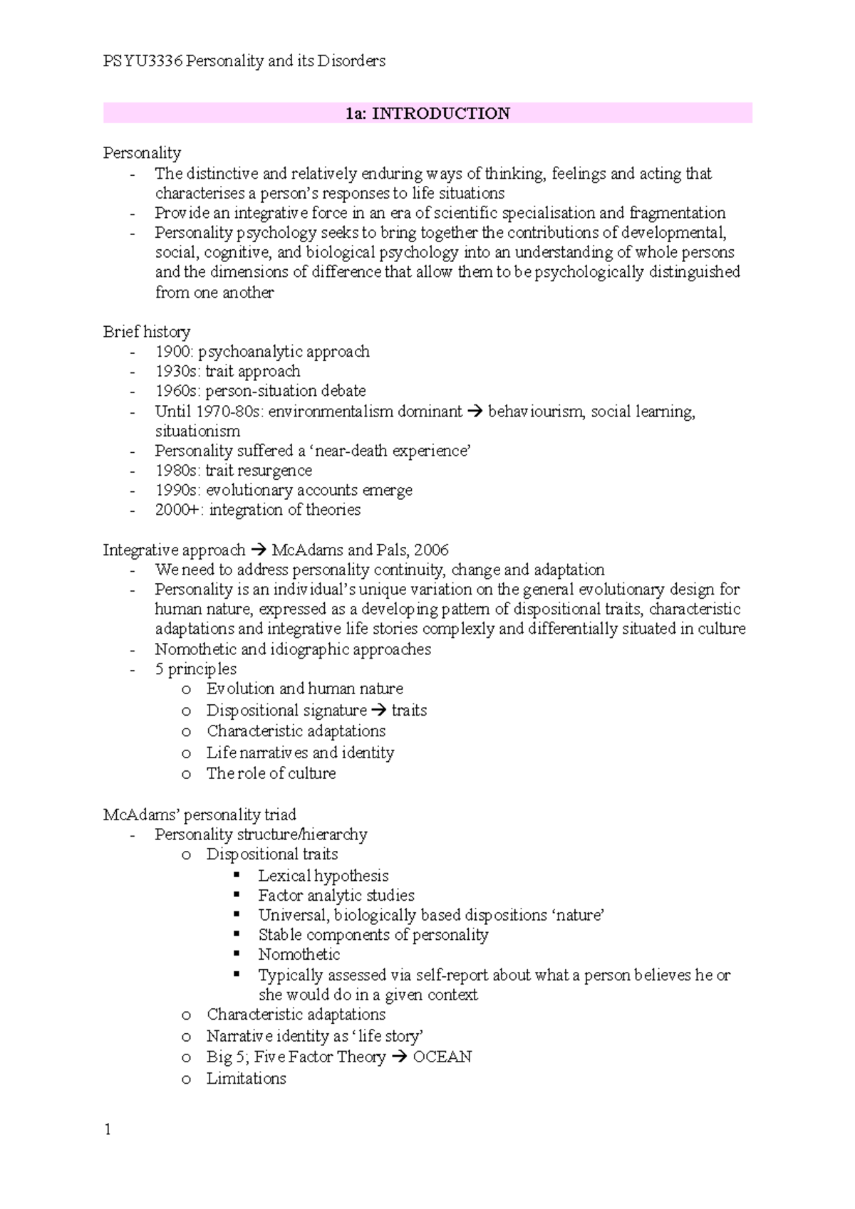 PSYU3336 Personality and its Disorders Notes - 1a: INTRODUCTION ...