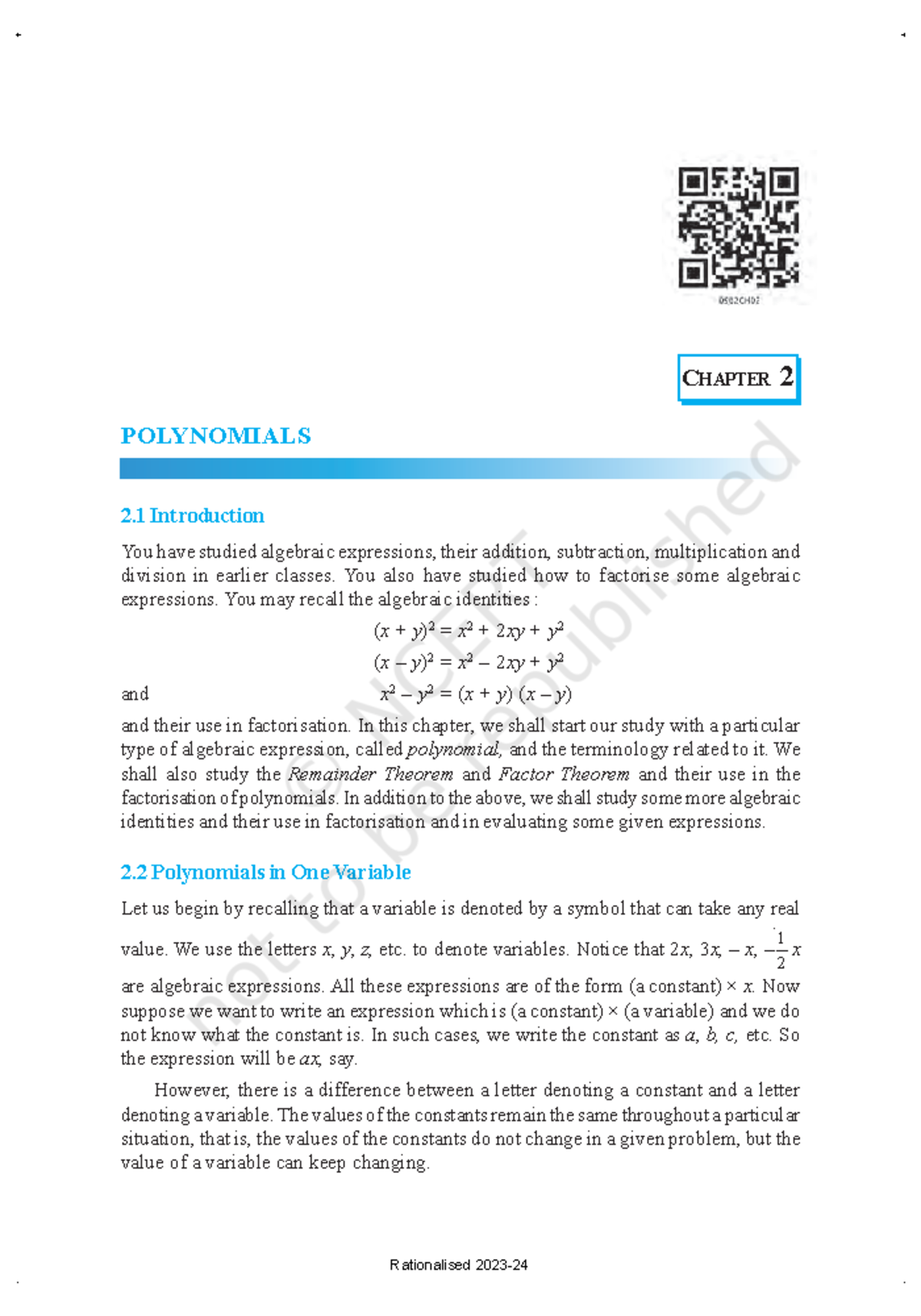 Algebric identity - POLYNOMIALS 25 CHAPTER 2 POLYNOMIALS 2 Introduction ...