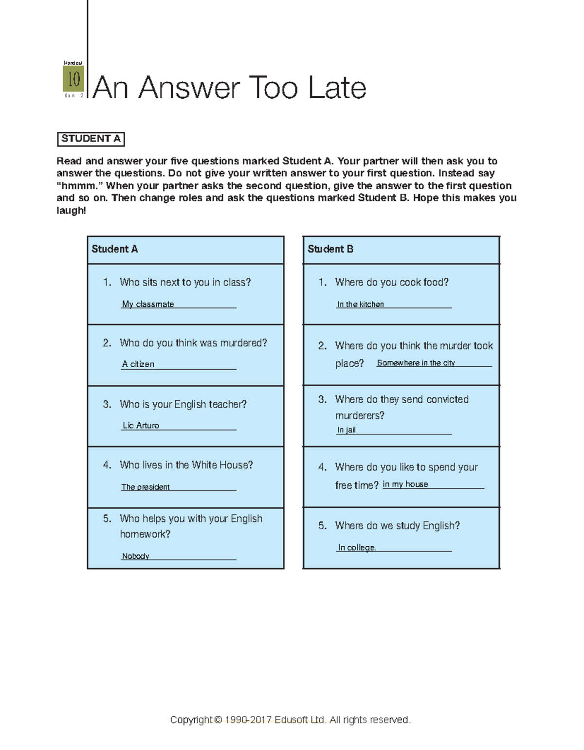 02 Advanced I Handout 10 Unit 2 Life in the City An Answer Too Lat ...