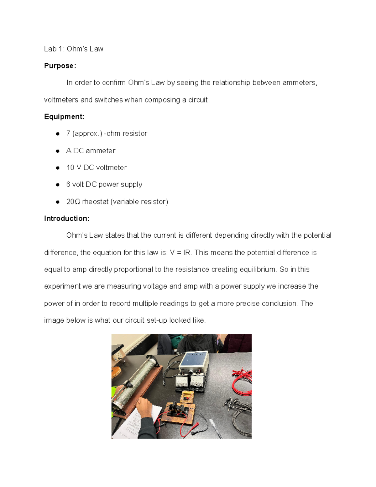 Physics Lab 1 lab report 1 Lab 1 Ohm’s Law Purpose In order to
