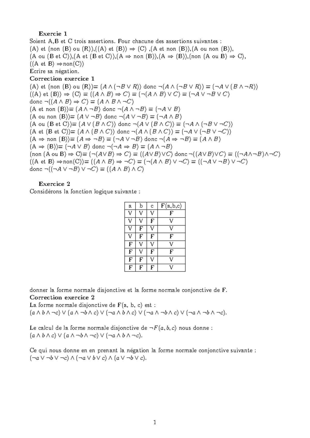 TD logique - Exercie 1 Soient A,B et C trois assertions. Pour chacune ...