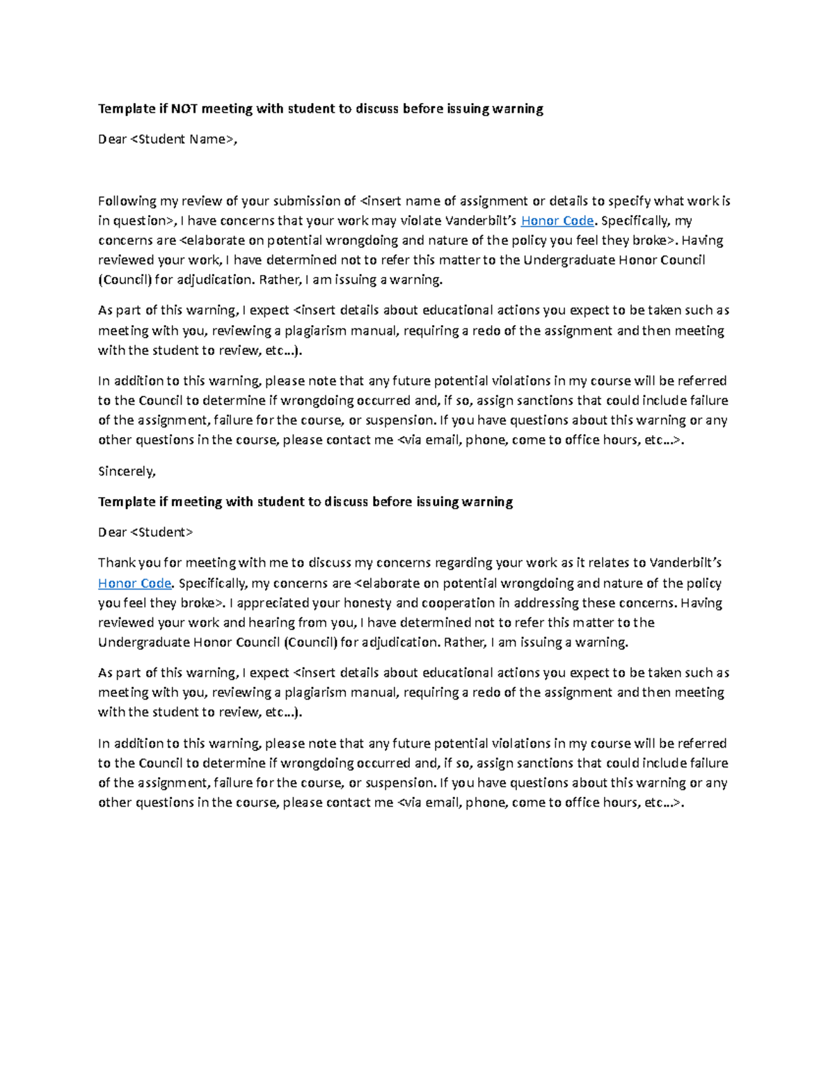 Faculty Honor Warning Email Template - Template if NOT meeting with ...