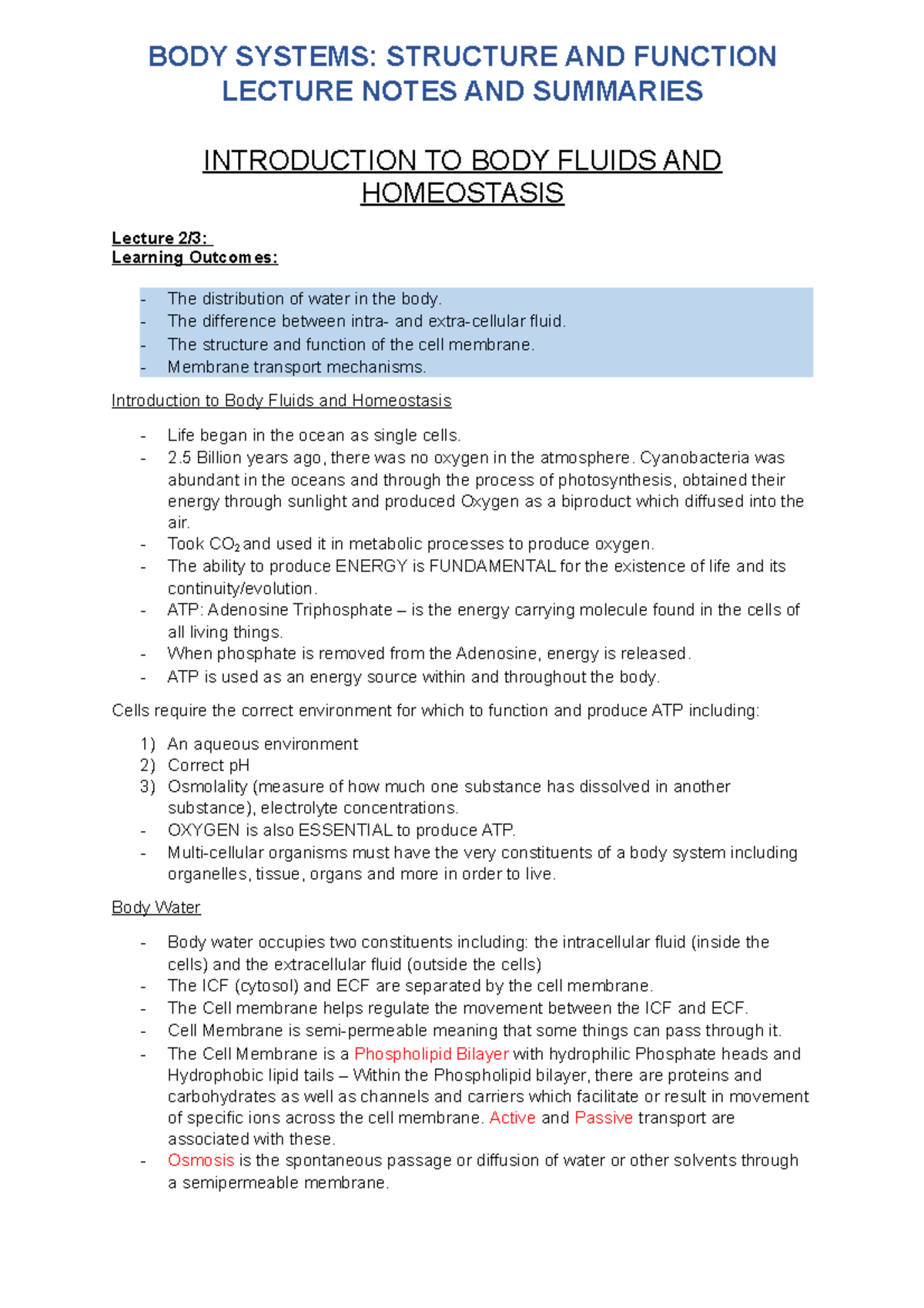 Body Systems Structure and Function Notes - LECTURE NOTES AND SUMMARIES ...