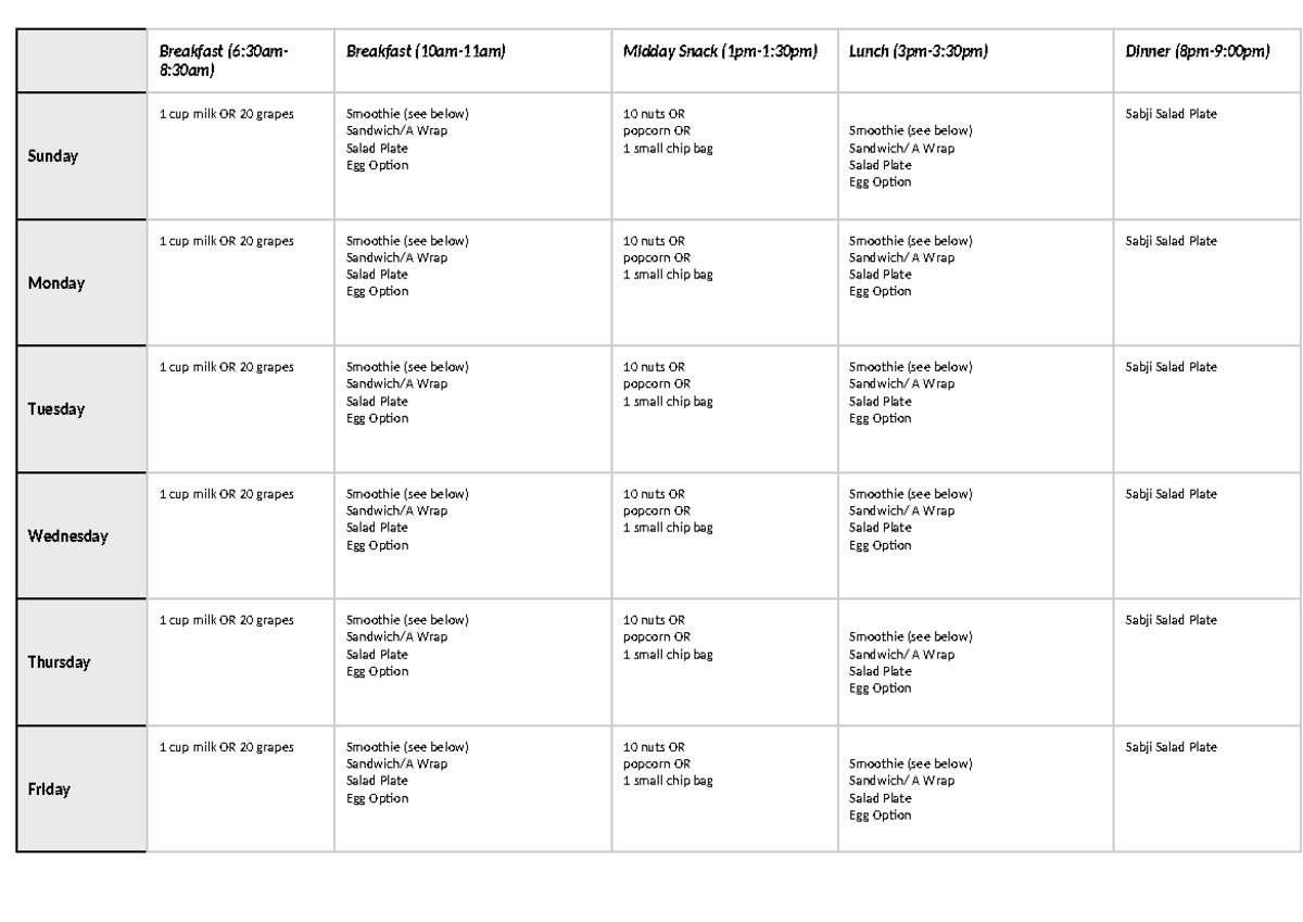 Weekly plan - Breakfast (6:30am- 8:30am) Breakfast (10am-11am) Midday ...