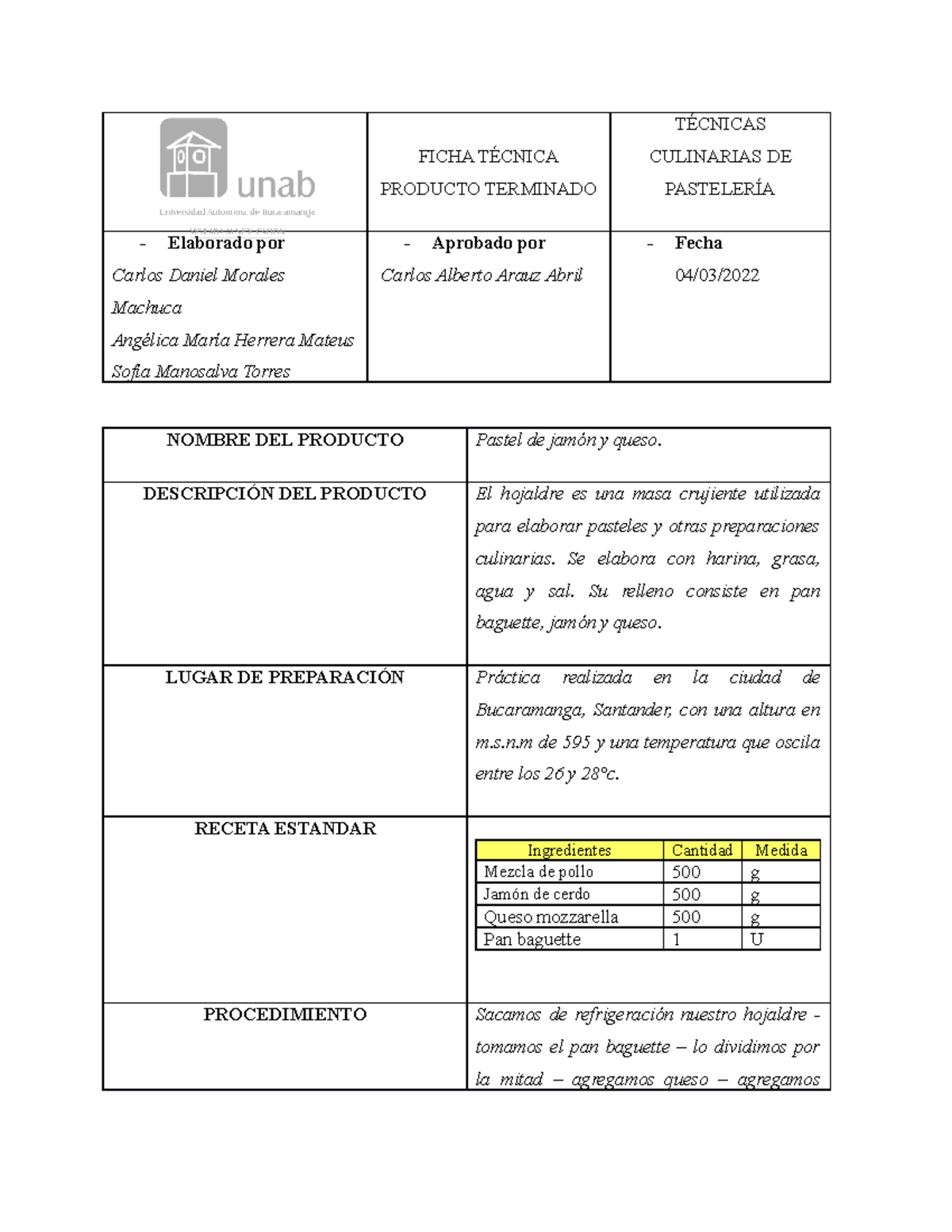 Ficha Técnica Hojaldre Pastel DE Jamón Y Queso FICHA TÉCNICA PRODUCTO