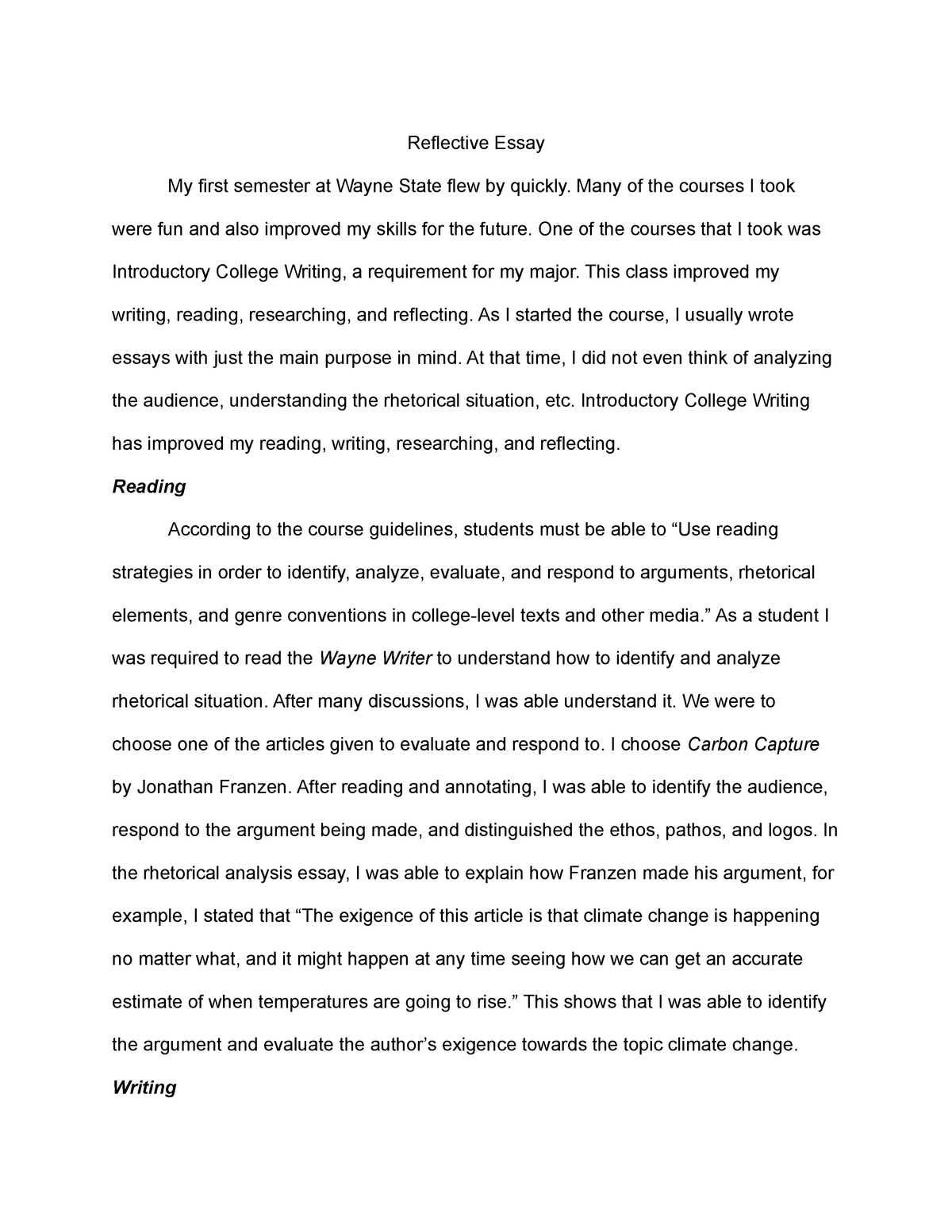 college writing reflective essay