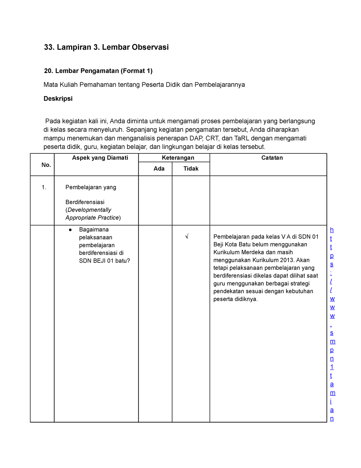 Pengamatan A Information Lampiran Lembar Observasi Lembar Pengamatan Format