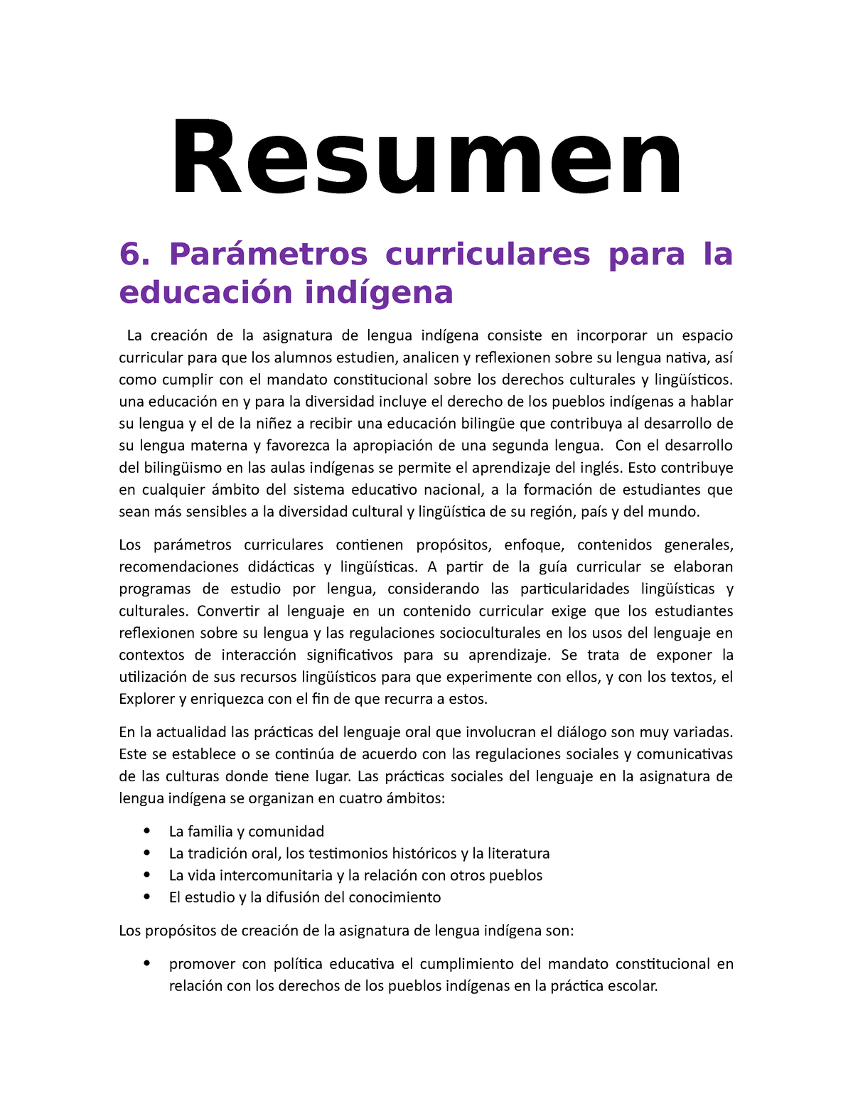 Resumen 61- 82 - Resumen 6. Parámetros curriculares para la educación  indígena La creación de la - Studocu