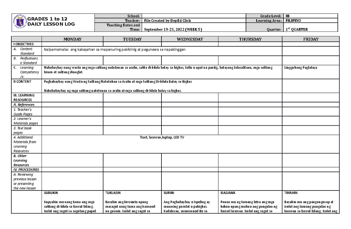 DLL Filipino 3 Q1 W5 - STUDY - GRADES 1 to 12 DAILY LESSON LOG School ...