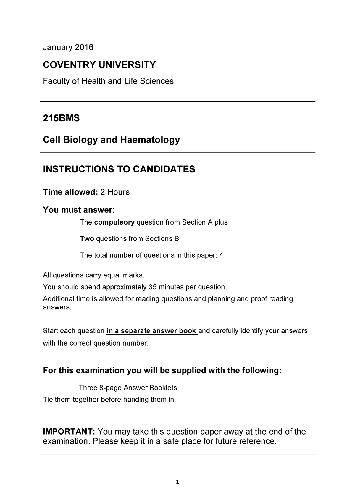 Exam January 2016, questions - January 2016 COVENTRY UNIVERSITY Faculty ...