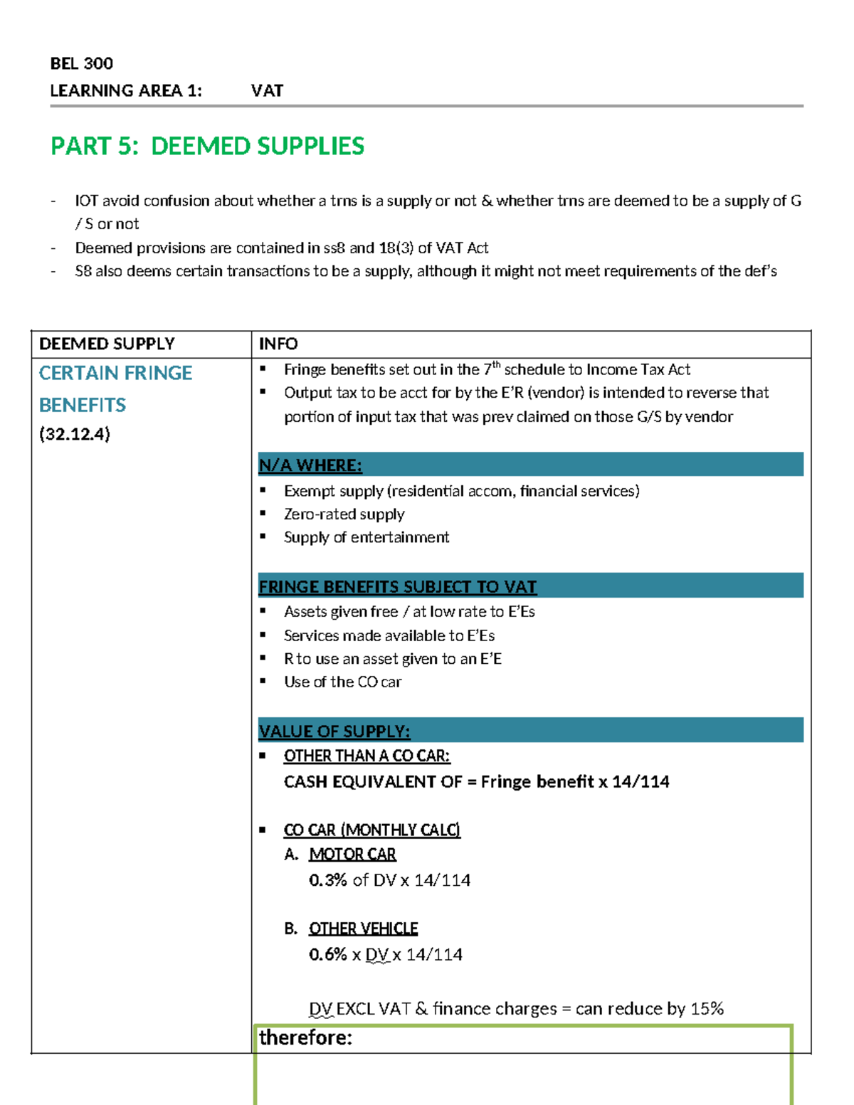 VAT Notes PART 5 BEL 300 LEARNING AREA 1 VAT PART 5 DEEMED SUPPLIES