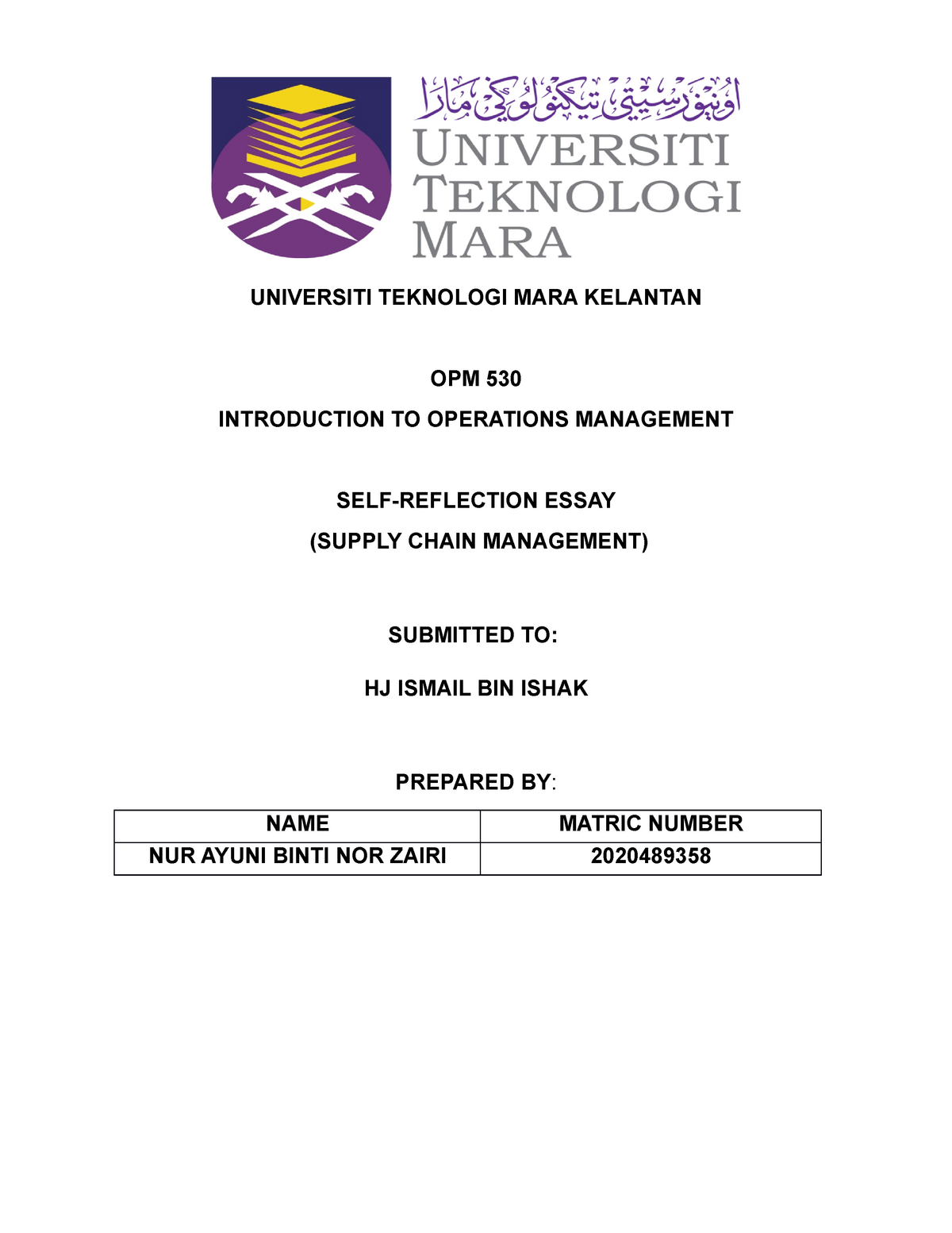 reflection essay uitm