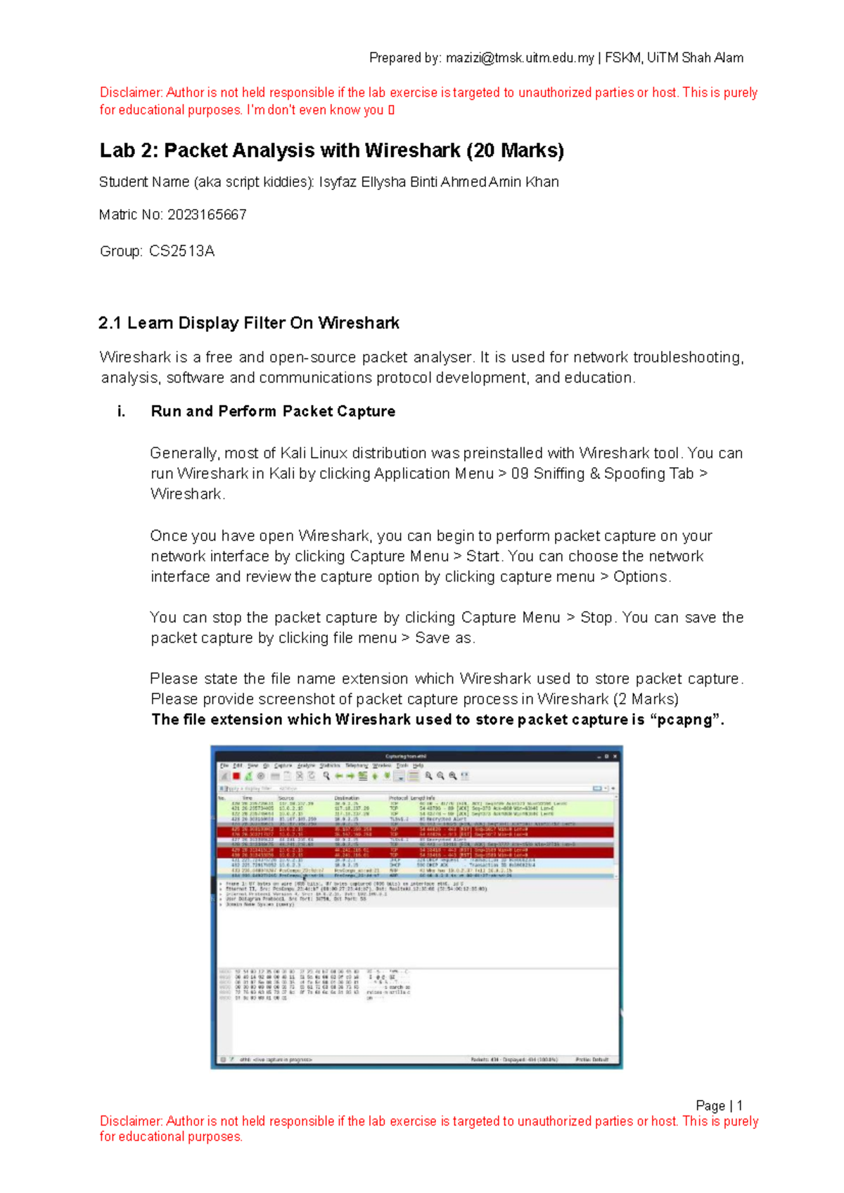 Lab 2 - Packet Analysis With Wireshark - Disclaimer: Author is not held ...
