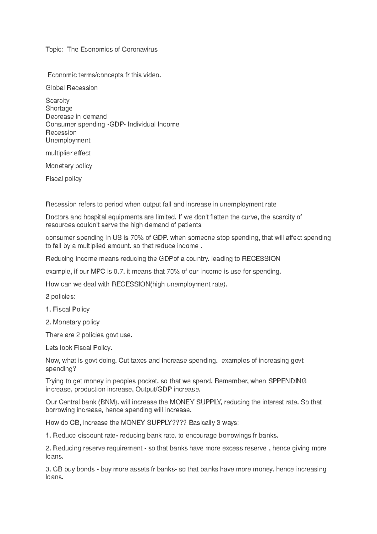 Topic - MKT 420 Lecture Notes - Topic: The Economics of Coronavirus ...